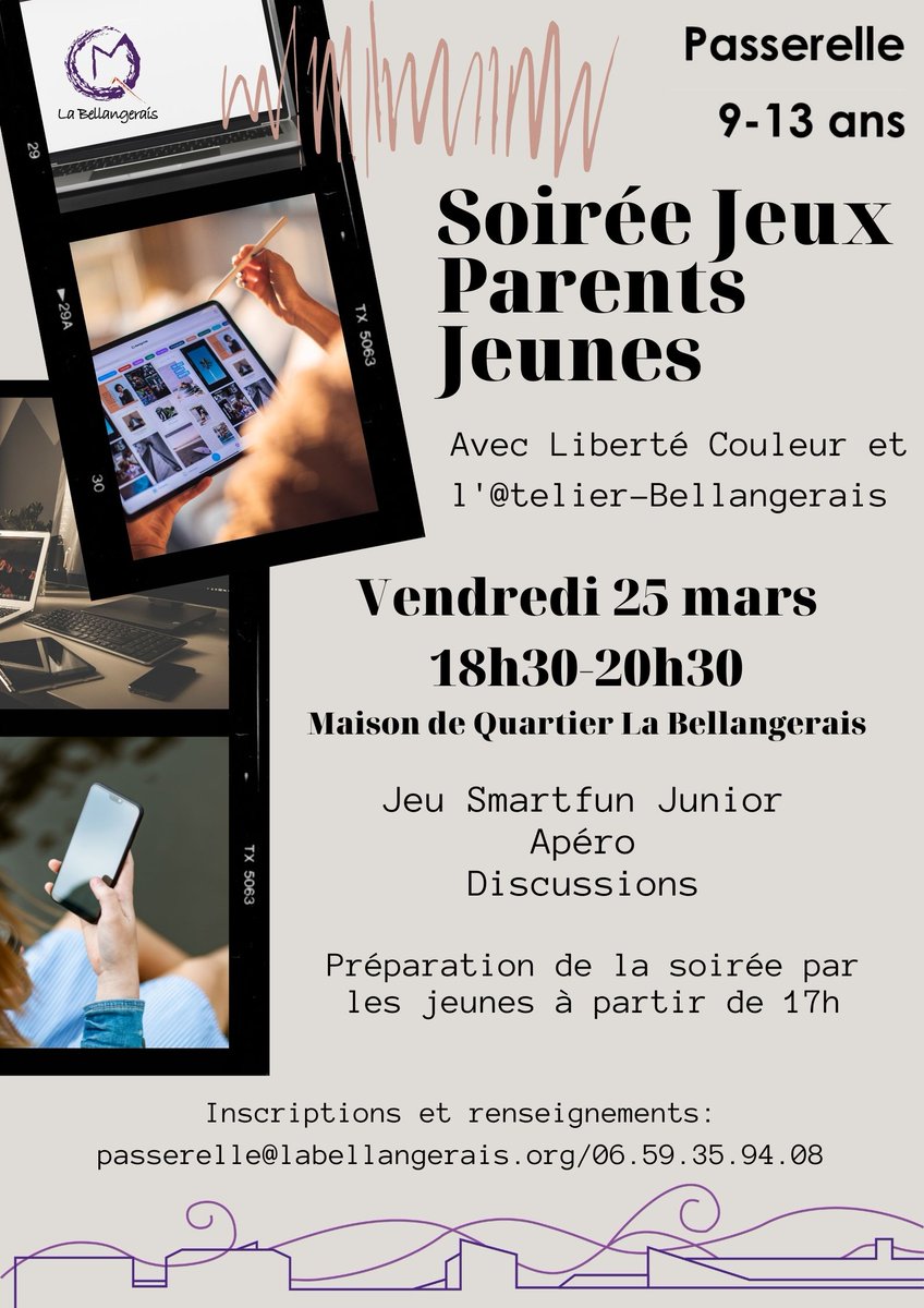 MQBellangerais's tweet photo. Vendredi 25 mars : Soirée jeux Parents-jeunes.
Les animateurs de la MQ et l’association Liberté Couleurs proposent un moment à partager entre parent et pré-ados (9-13 ans) pour échanger sur les usages des écrans, grâce au jeu « Le Smartfun Junior ».
Inscription : 06 59 35 94 08 https://t.co/JG5vQHGujc
