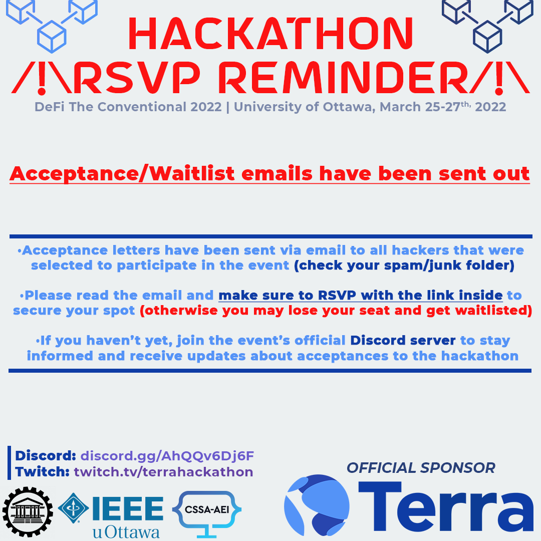 Acceptance letters have been sent via email to all hackers that were selected to participate in the event (check your spam/junk folder).

Please read the email and make sure to RSVP with the link inside to secure your spot (otherwise you may lose your seat and get waitlisted).