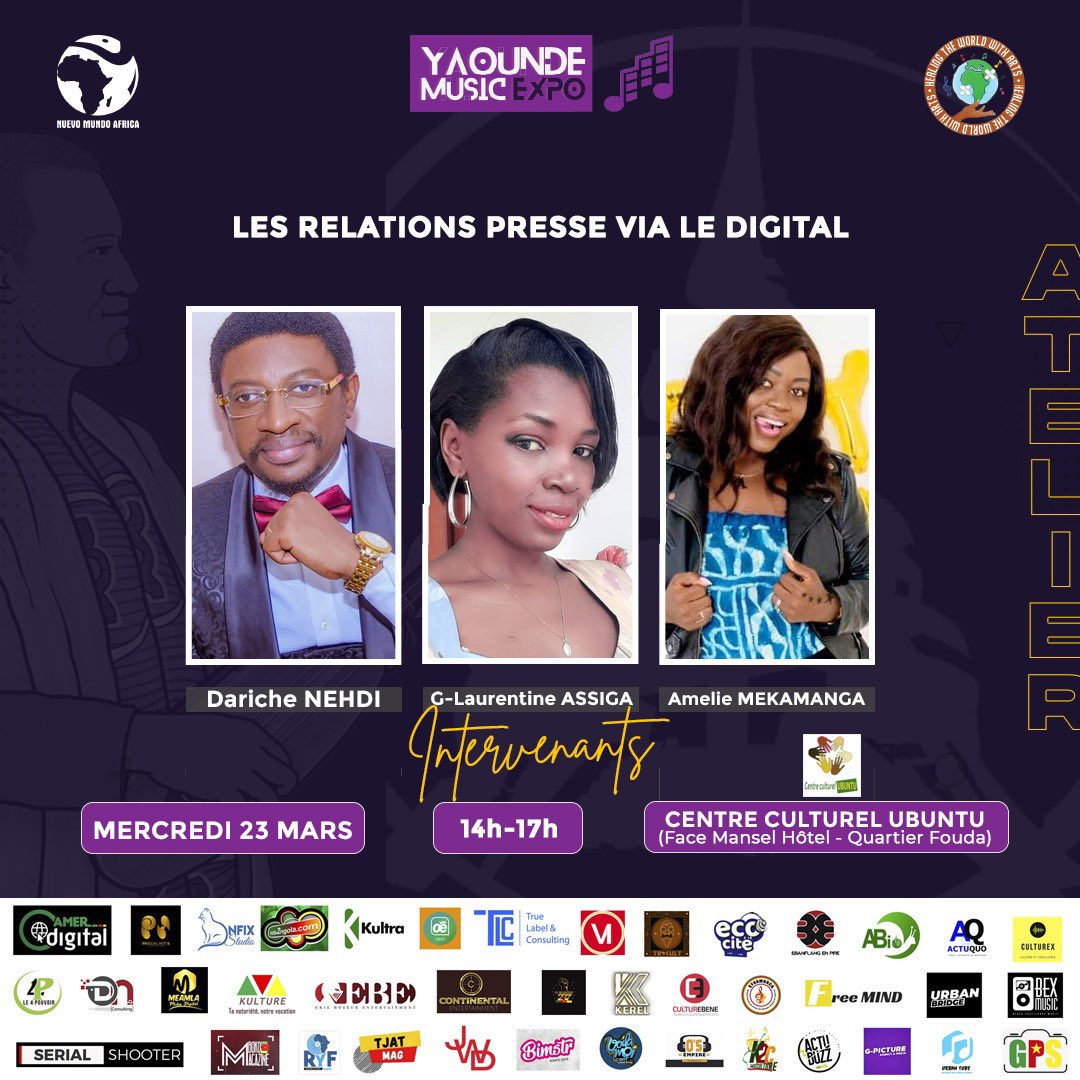 Hello les connectés📲, 

Vous allez bien j’espère ? 
Le Yaounde Music Expo démarre avec un panel bien riche sur 2 ateliers. 

- Management-Digital & Relation Presse-Digital

Suivez toutes l’actualité sur notre compte via le HT #YaoundeMusicExpo.