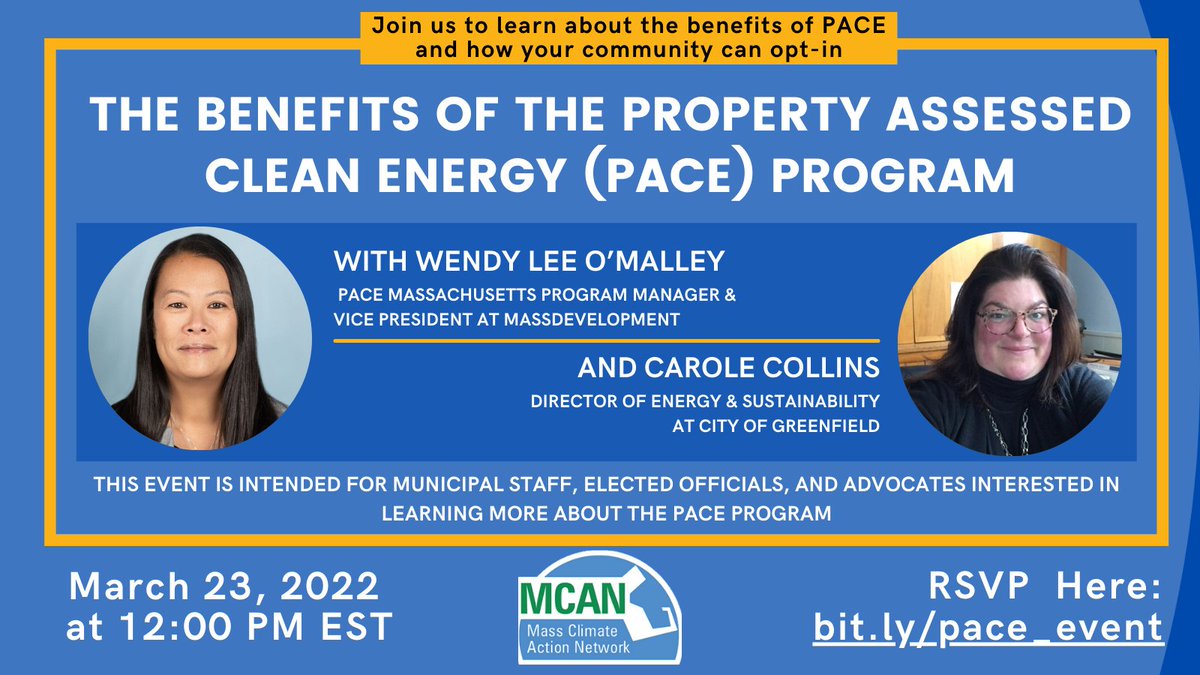 MassClimate's tweet photo. Join us tomorrow at 12:00 PM to discuss how the #PropertyAssessedCleanEnergy (PACE) program works, how communities go about opting in, and the immense benefits that communities (esp. #MLP communities) will gain from opting into PACE.
Register here: https://t.co/Uvukj0WPty https://t.co/YrZ5OManfJ