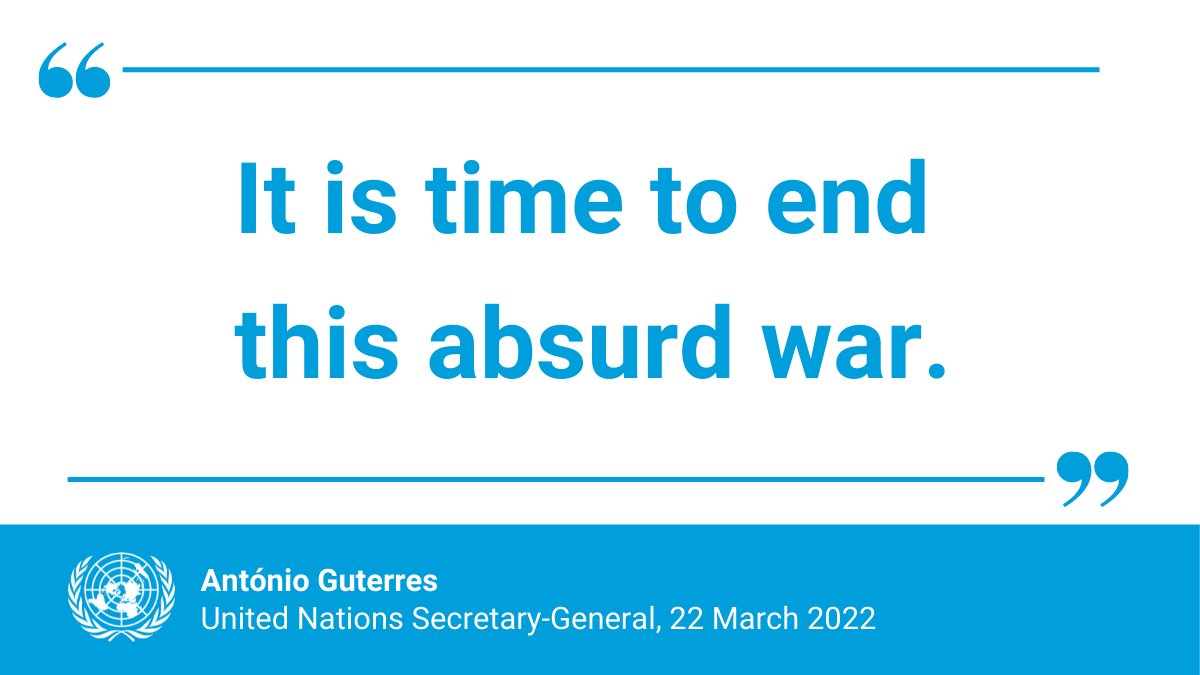 MelissaFleming's tweet photo. "How many more lives must be lost?

How many more bombs must fall? 
 
How many Mariupols must be destroyed? 
 
How many Ukrainians and Russians will be killed before everyone realizes that this war has no winners — only losers?"
-- @antonioguterres  https://t.co/tiuUFcDqpi https://t.co/nAi37Ah4US