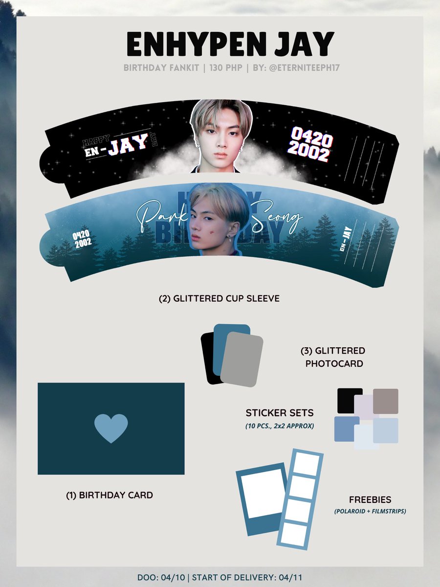 eterniteeph17's tweet photo. #ecphGO🐨

#ENHYPEN JAY CUP SLEEVE BIRTHDAY FANKIT 💙

130 PHP only
- Glittered Cup Sleeve (2pcs)
- BirthdayCard
- Glittered Photocard (3pcs) (random photos)
- Sticker set (10 pcs)

DOO: 04/10
TARGET SHIPPING DATE: 04/11 https://t.co/o72wF8bHmd