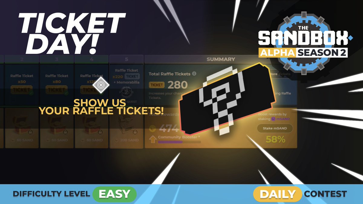 #SandboxAlphaS2Contest DAY#16

It looks like we're getting close to Raffle day! 🎫 Did you max out your number of Raffle Tickets? 🥳 Show us!

Enter here
👉 sandbox.game/en/season/cont…