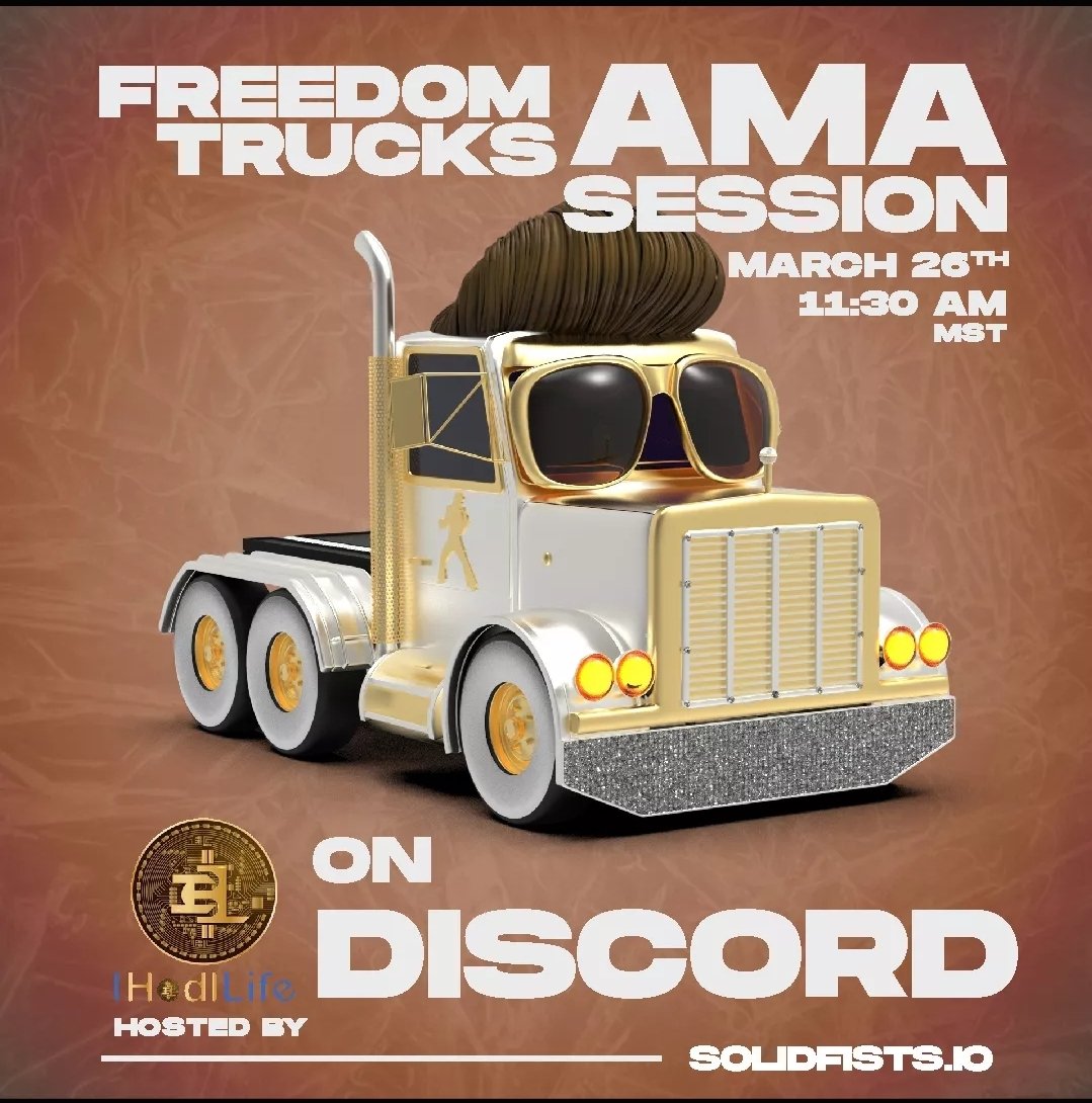 ihodllife's tweet photo. IHodlLife LIVE AMA

HOSTING: FREEDOM TRUCKS 
(On Discord) 

Come join the conversation and meet the dev team behind Freedom Trucks.

SATURDAY MARCH 26 

....See you there! https://t.co/pWC3F8htIH