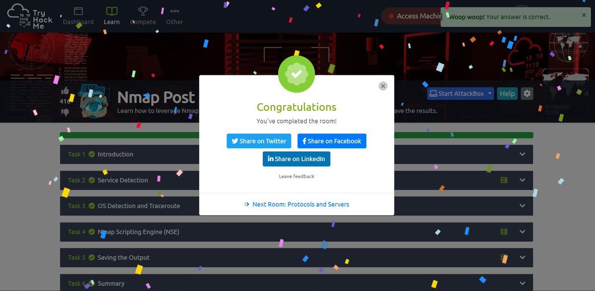 ManishParkar359's tweet photo. Today completed π₯³ the Nmap Post Port scans room β¨ on @tryhackme.
And after completing π― this room I have completed the whole Nmap series π !!!
Give it a try and have fun π.
#cybersecurity #nmapseries #networkexploitation #keeplearning #beginnerfriendly https://t.co/P0WJb9skMN