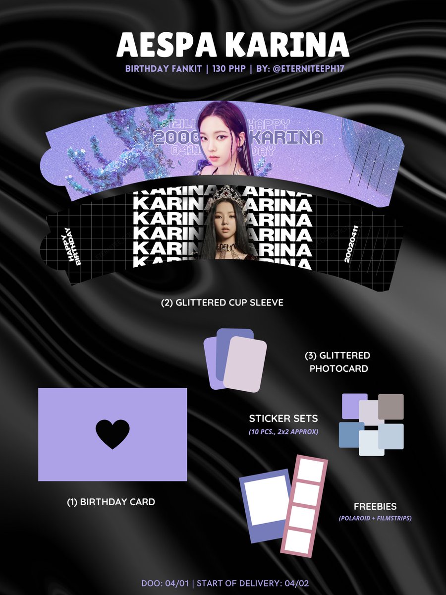 eterniteeph17's tweet photo. #ecphGO🐨

#AESPA KARINA CUP SLEEVE BIRTHDAY FANKIT 💜

130 PHP only
- Glittered Cup Sleeve (2pcs)
- BirthdayCard
- Glittered Photocard (3pcs) (random photos)
- Sticker set (10 pcs)

DOO: 04/01
TARGET SHIPPING DATE: 04/02 https://t.co/VS2ht4KiLA