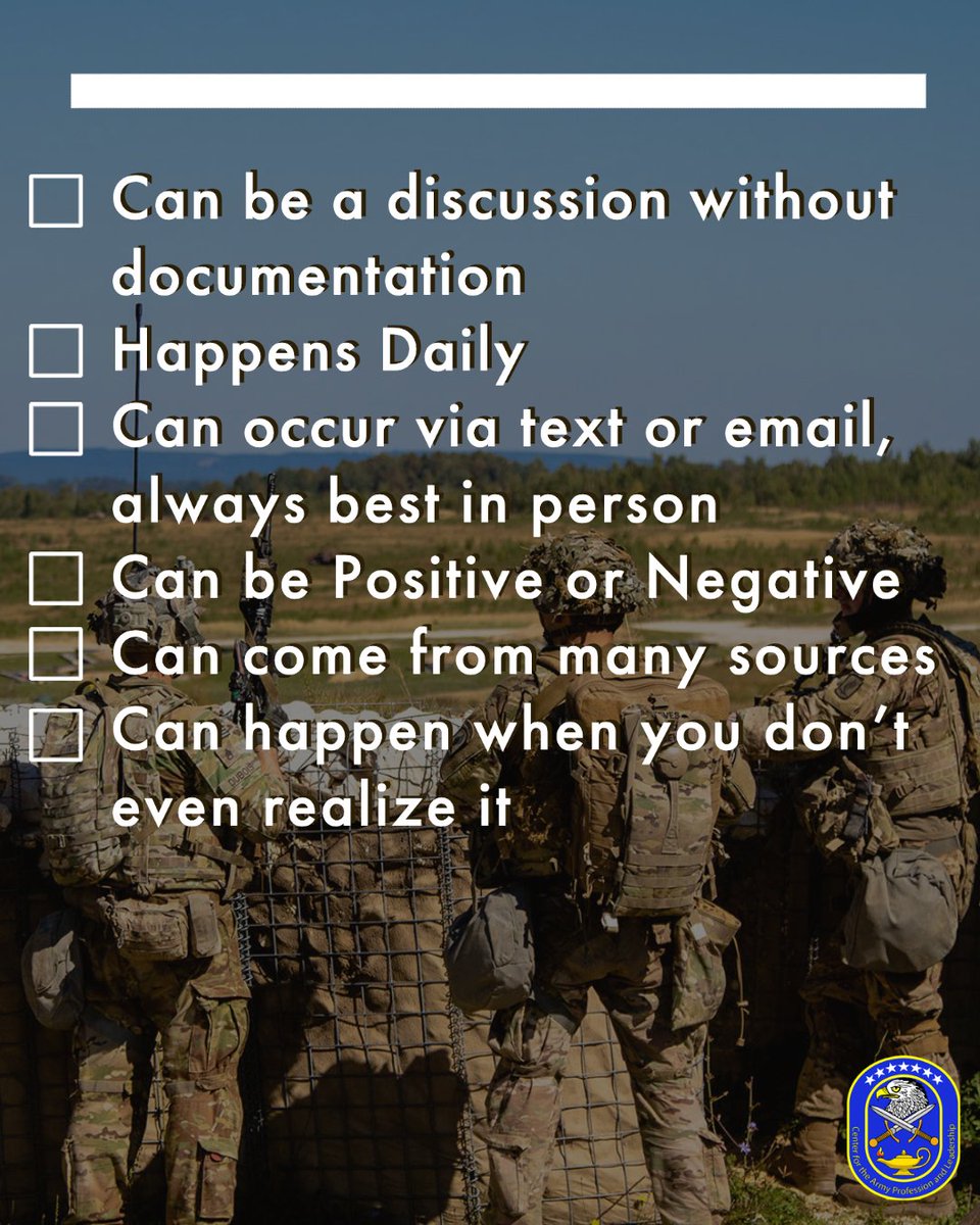 Counseling isn't just a Form you fill out

#LeaderDevelopment #BuildingBetterLeaders #CAPLDevelopingLeaders #ArmyLeadership