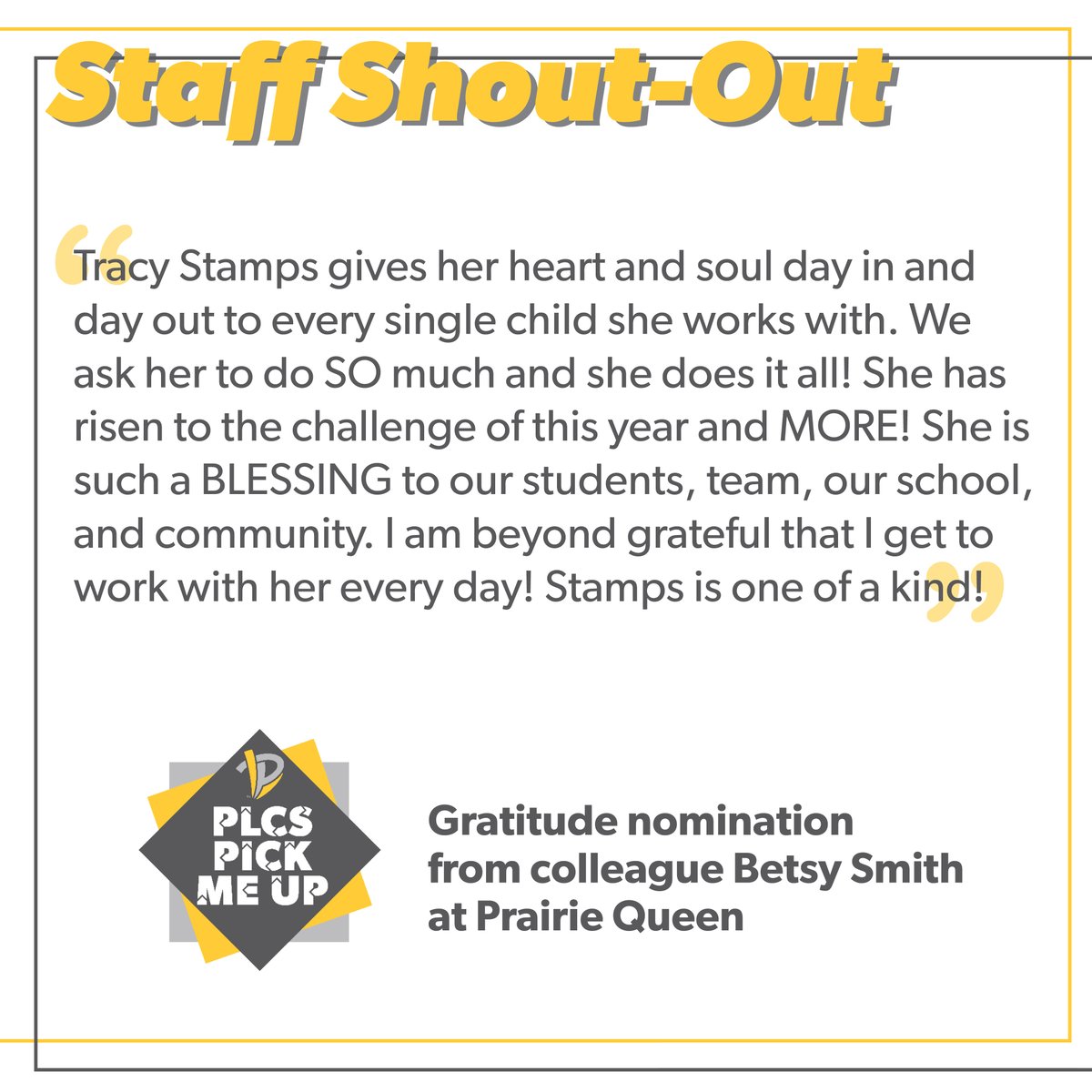 The PLCS staff has done a tremendous job in encouraging each other by sharing what they appreciate about their colleagues through the PLCS Gratitude nominations. Reply with your own staff shout-out! To apply to make a difference as a para, click here: bit.ly/3oGlL9h