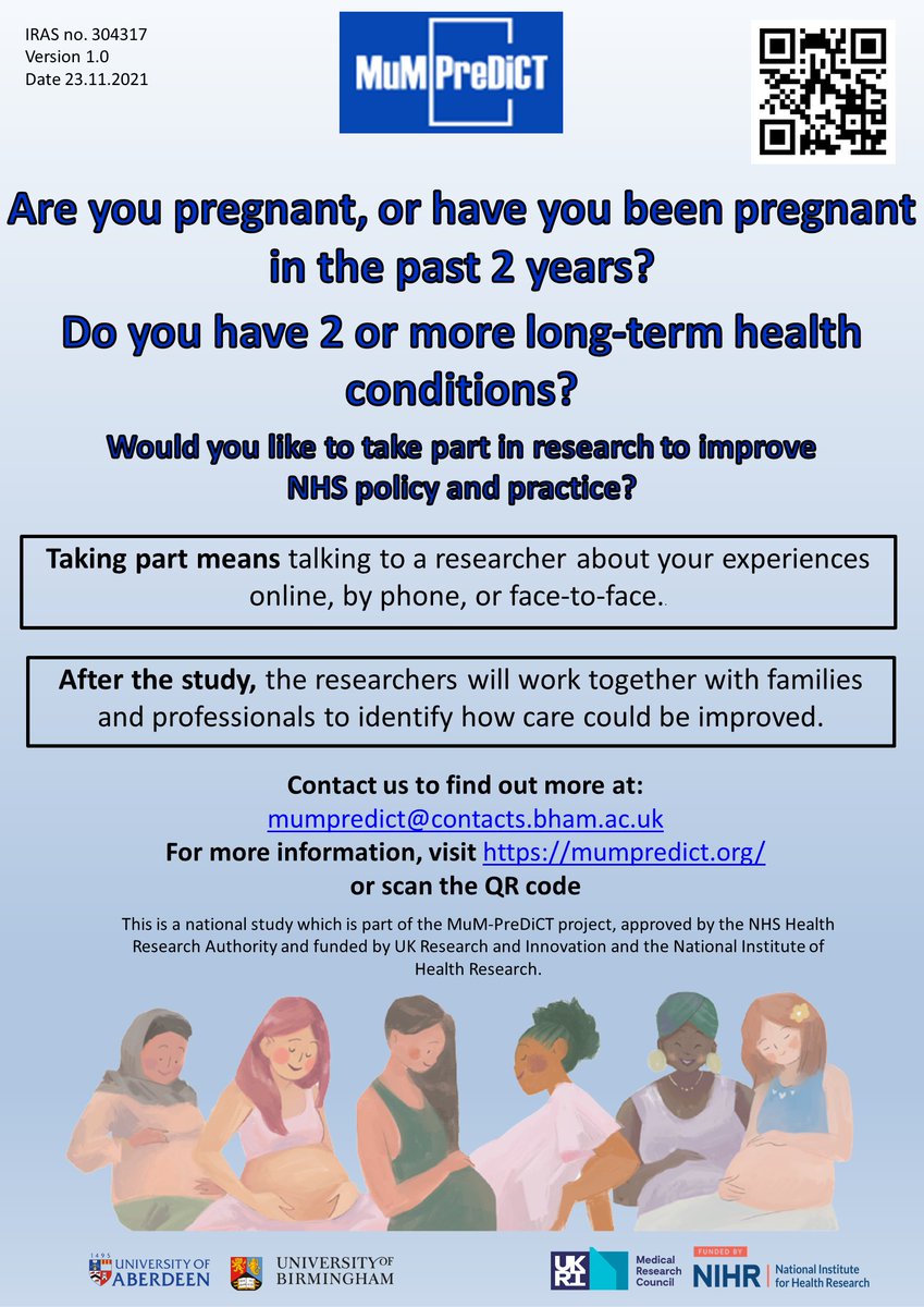 ✅At least 28 weeks pregnant OR given birth in the last 2 years, AND
✅Have 2 or more physical/mental health conditions?

#mumpredict wants to hear about your experiences.  

Contact mumpredict@contacts.bham.ac.uk with any questions/to register your interest 🙏