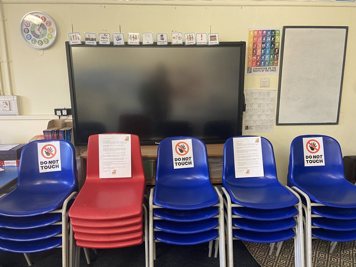 MissThomson2020's tweet photo. Things got interesting in P6 this morning when the chairs went on strike! We had to use our persuasive writing skills to write letters convincing the chairs to come back to work🪑 https://t.co/LMGm48HDJA