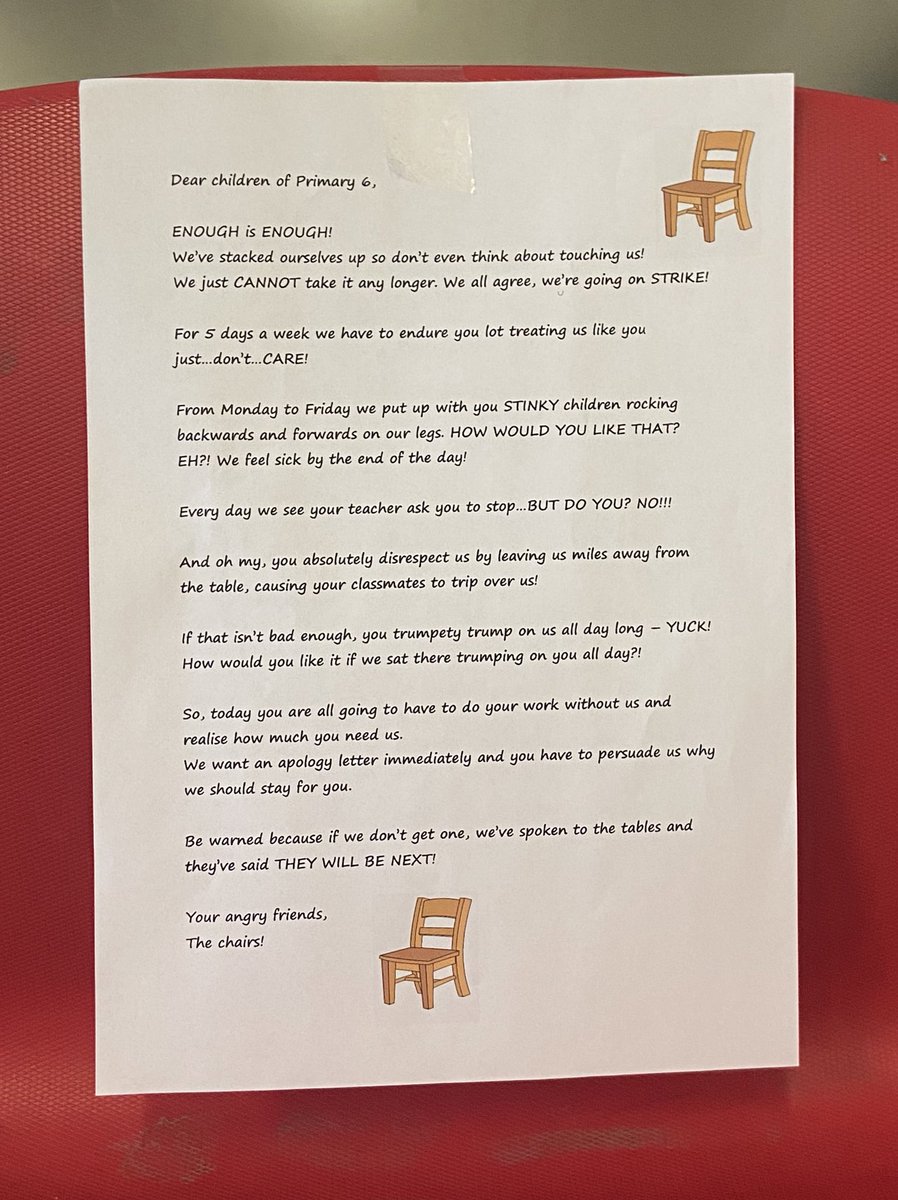 MissThomson2020's tweet photo. Things got interesting in P6 this morning when the chairs went on strike! We had to use our persuasive writing skills to write letters convincing the chairs to come back to work🪑 https://t.co/LMGm48HDJA