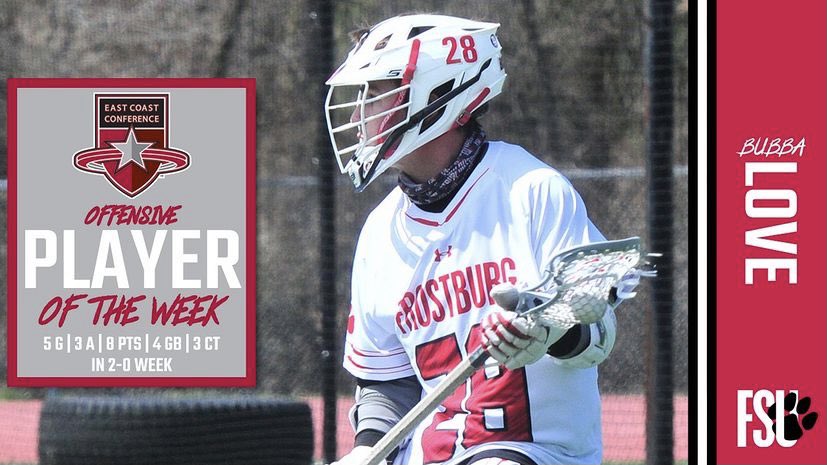 frostburgsports's tweet photo. STELLAR STATLINE🤩 MLAX Bubba Love takes the East Coast Conference OFFENSIVE PLAYER OF THE WEEK Honors‼️ He is the THIRD Bobcat to receive all-conference POTW Honors this week🚨

 #PlantTheFlag // #BobcatPride https://t.co/FusWYid4Vx