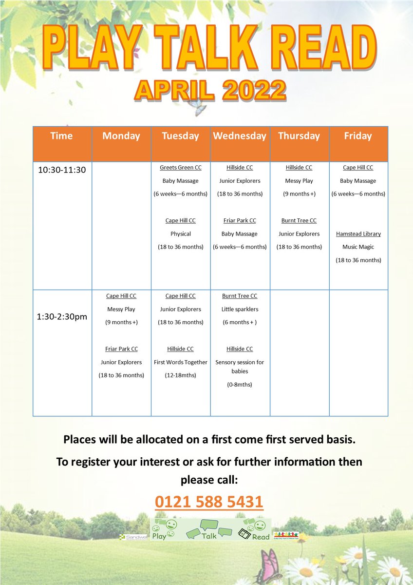 sandwellcluster's tweet photo. Coming to our Children's Centres in April 2022!!! We have a wide variety of fun programmes which includes the brand new First Words Together at Hillside Children's Centre 💥

Book your place now by contacting us on 0121 588 5431 !!! We look forward to hearing from you 😄 #PTR https://t.co/CGZhBAdJue