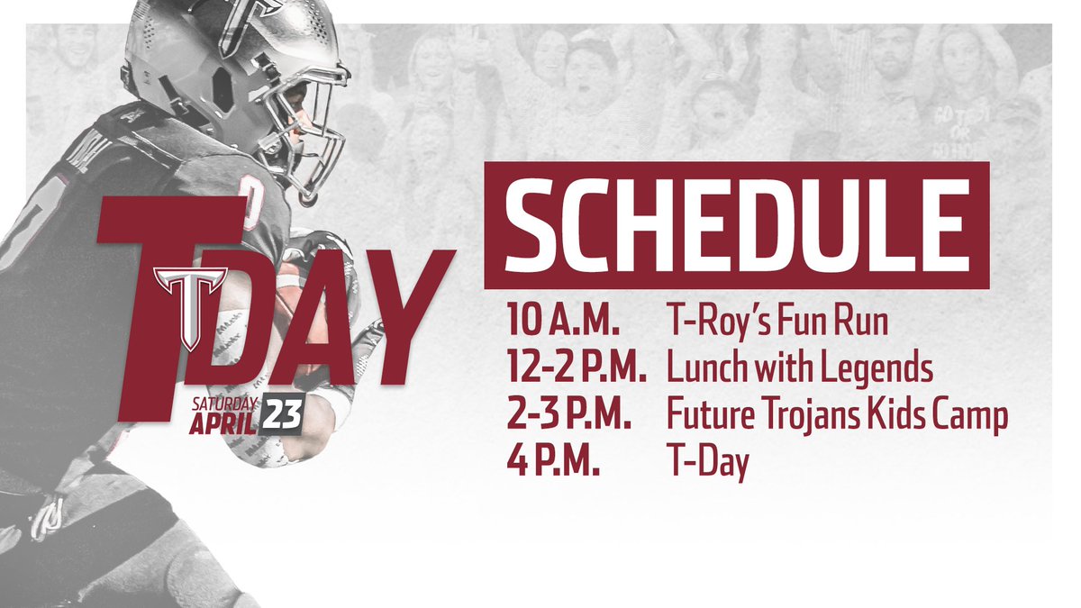TroyAthletics's tweet photo. Mark your calendars, because @TroyTrojansFB is BACK! April 23rd, we have something for everyone. Starting with @TroyTheMascot's Fun Run, our Lunch with Legends of Troy, the return of our Future Trojans Kids Camp, and then our official T-Day game. We'll see you here!

#OneTROY ⚔️ https://t.co/xOo9dQuKkg