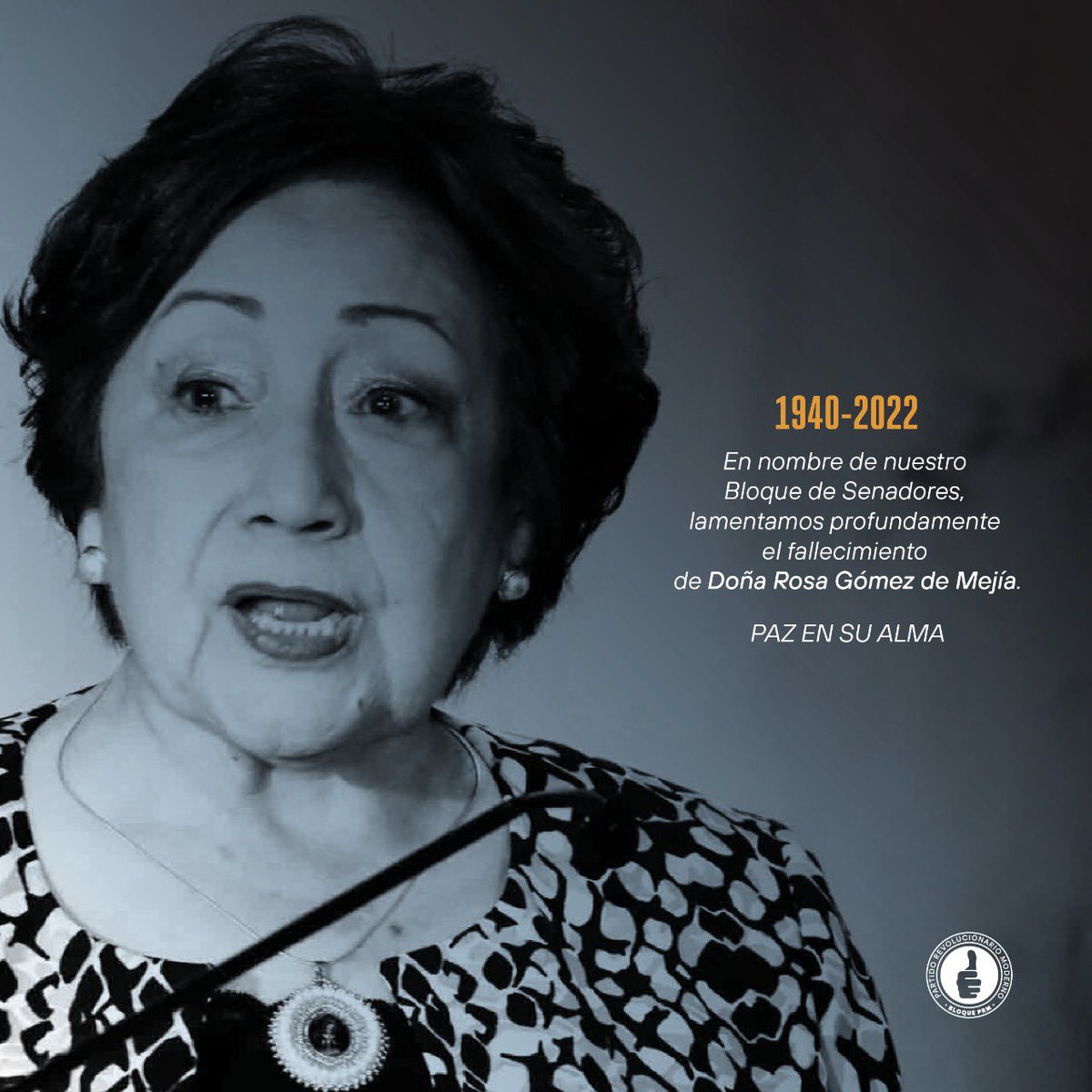 En nombre de nuestro Bloque PRM, expresamos nuestro profundo dolor por la pérdida de Doña Rosa Gómez de Mejía . Enviamos muy sinceramente, un abrazo solidario a toda su familia. 

#BloquePRM #EPD