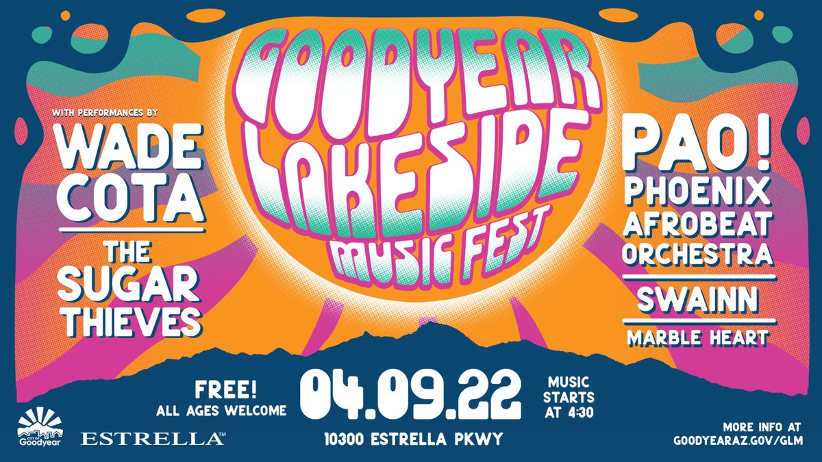 GoodyearAZGov's tweet photo. Get ready for the best FREE concert with the most amazing views in the Valley.🙌Grab your lawn chair, a blanket and enjoy an evening of music from Arizona’s top local bands. @Goodyear_Arts @GoodyearAZecdev 
#goodyearaz #glmfest https://t.co/ArWHtAzPMY
