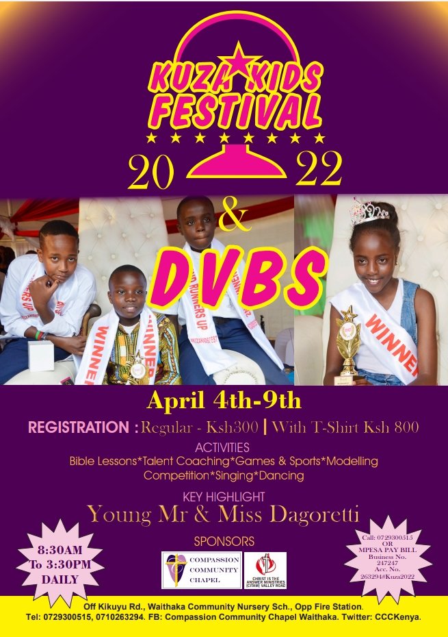 Inviting you to register your child for this year's Kuza Kids Festival. This is a children's DVBS program running from April 4th-9th, 8:30am to 3:00pm daily. The program includes talent coaching. This year's event is being run in conjunction with CITAM Valley Road.

#KuzaKidFest