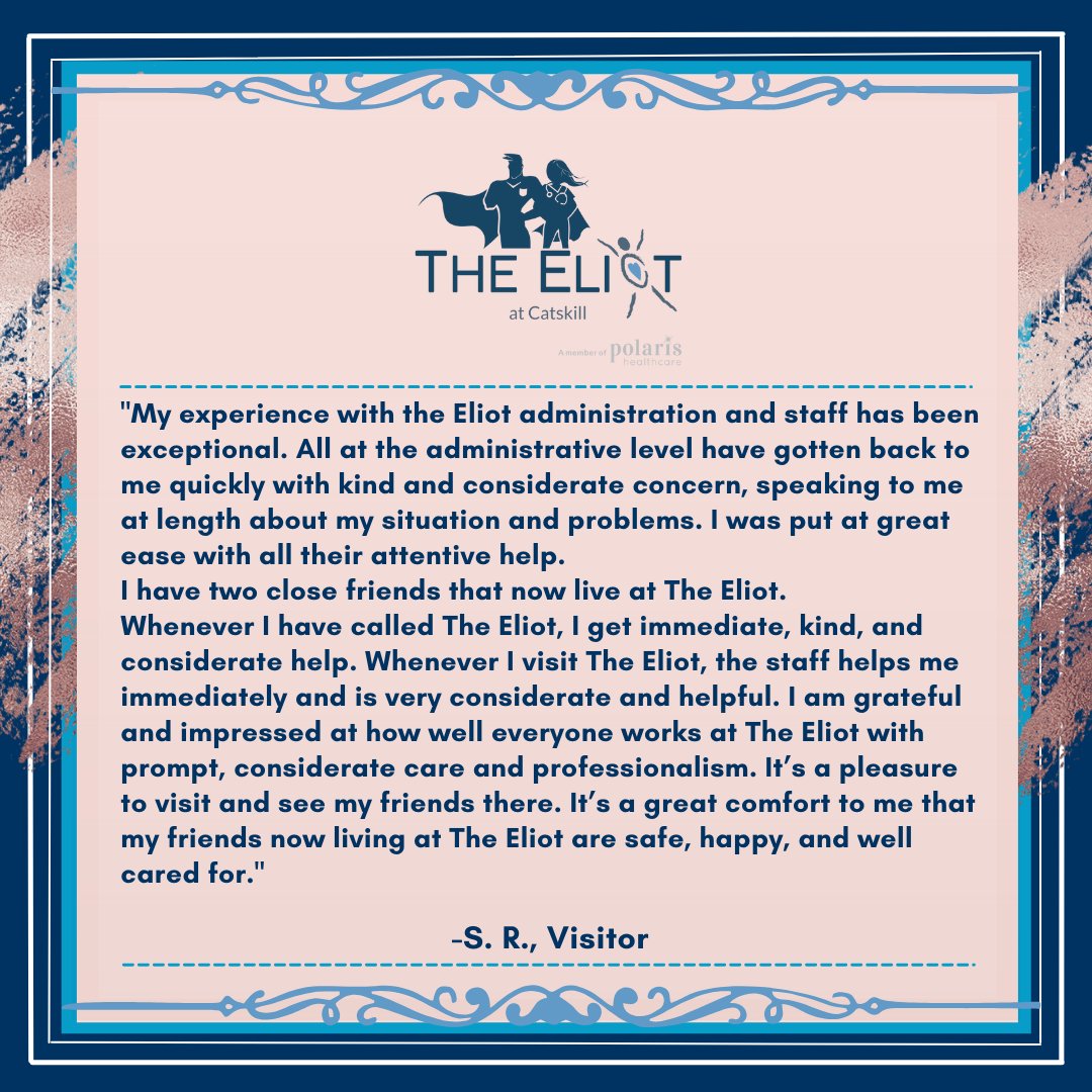 eliotcatskill's tweet photo. Thank you for the kind words! We commit ourselves to the welfare and happiness of our residents every day!
 
Your smiles make us smile. ❤️
 
#TheEliotAtCatskill #Review #Polaris https://t.co/JZzGDjuZoY