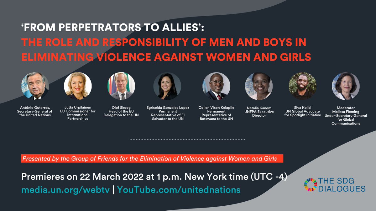 GlobalSpotlight's tweet photo. #SDGDialogues series
High-level conversation on the role of men and boys in preventing gender-based violence. ➡️ Today at 1pm EST https://t.co/kEcBomvRo7

With: @antonioguterres @JuttaUrpilainen @OlofBSkoog @EgriseldaL @cvkelapile @Atayeshe @SiyaKolisi @MelissaFleming
 
#WithHer https://t.co/Uv8slDRcvG