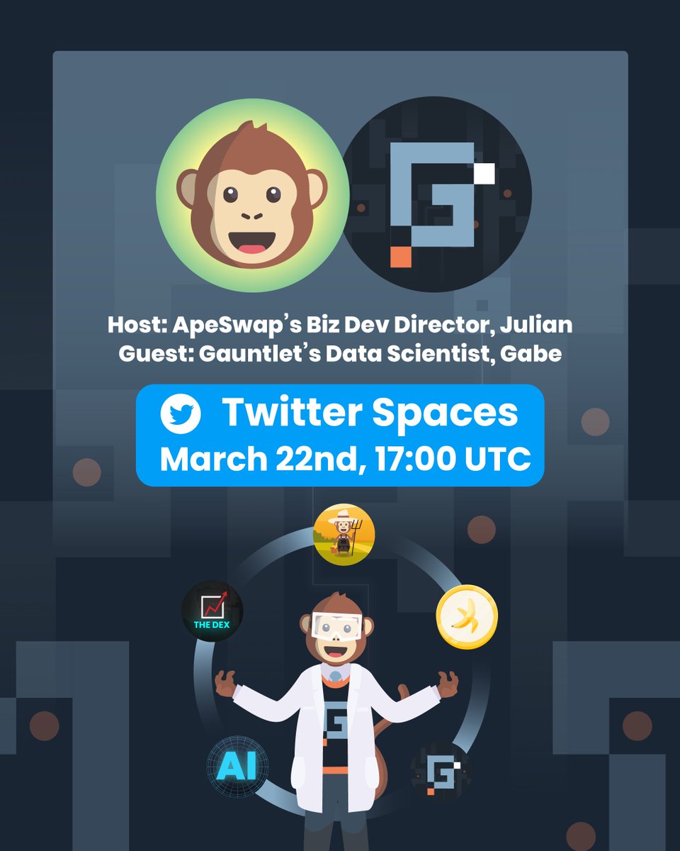 Our Twitter Spaces with <a href="/gauntletnetwork/">Gauntlet (old handle)</a> starts in t-minus TWO hours ⌛️

📚 Learn about how Gauntlet is going to optimize #ApeSwap's incentives and what that means 🍌
🙋‍♂️ Tune in to ask your questions!

📌 x.com/i/spaces/1ypJd…
