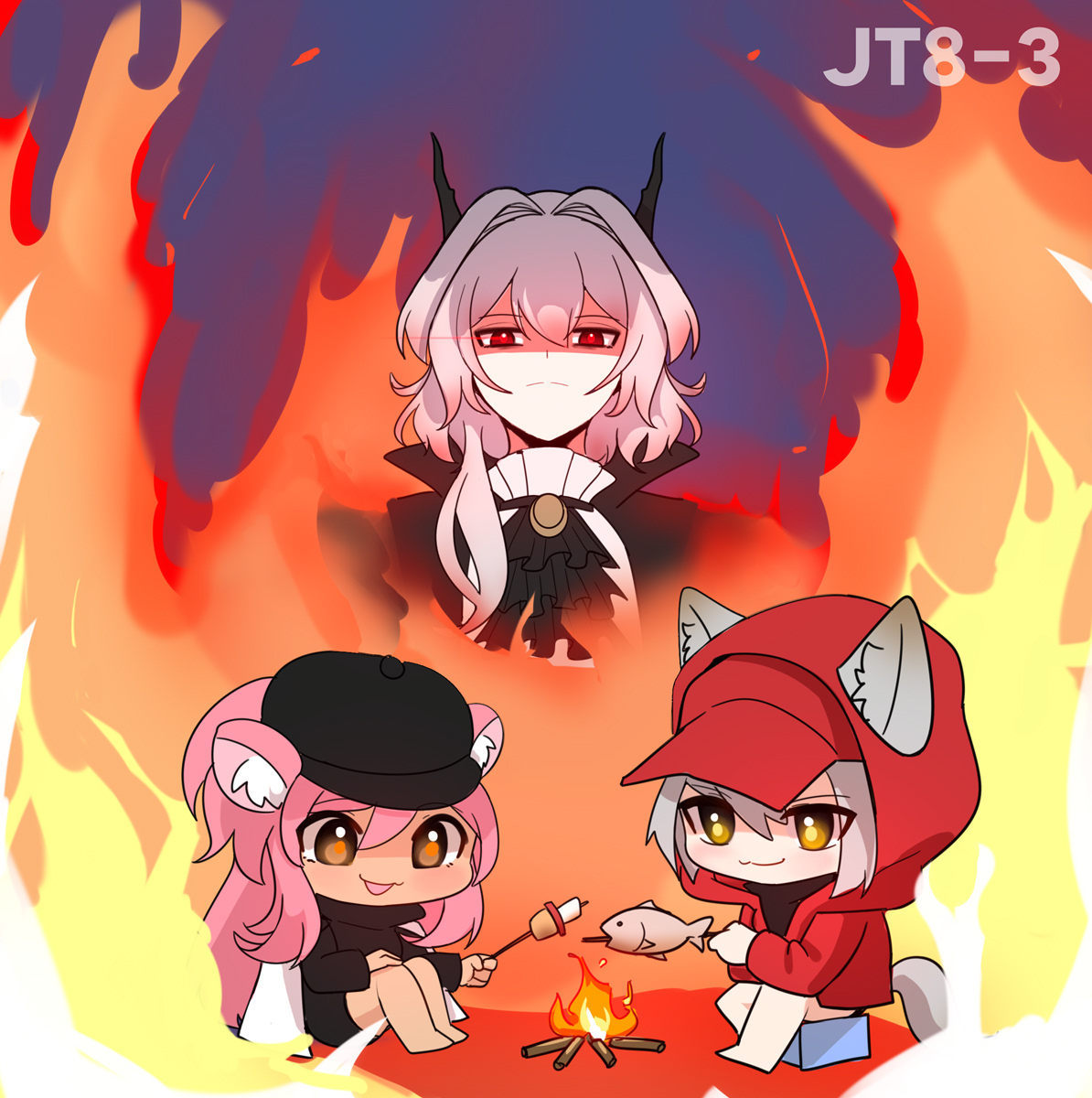 レッド(アークナイツ) 「Red and Gravel having a BBQ party in JT8」|Shrimpのイラスト