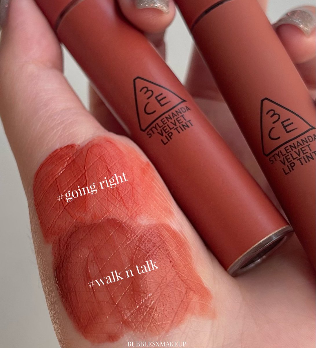 BubblesxMakeup's tweet photo. 3ce velvet lip tint 🍂🐿🪹 ลิปเนื้อกำมะหยี่รุ่นโปรดของหลายๆคน เราซื้อสี walk n talk มาเพิ่ม เป็นสีใหม่ของรุ่นนี้(แต่ออกมาซักพักใหญ่แล้ว) ไม่ค่อยเห็นรีวิวเลย สีสวยมากกกกชอบมาก ชอบกว่าสี going right อีก เป็นสีน้ำตาลอมส้มแต่มีติ่งชมพู เราทาบนปากแล้วได้สีแบบ mlbb ออกนู้ดๆกว่าสวอชแขน https://t.co/KVuF0M0qDW