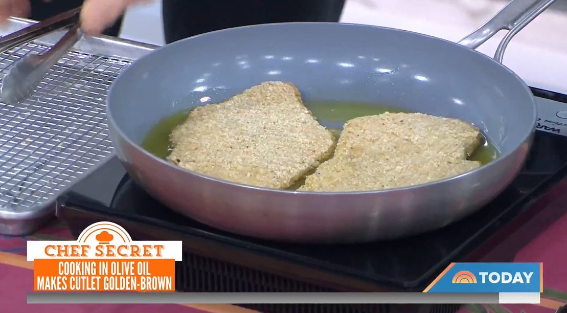 Chef and cookbook author @chefholzman fries Chicken Parm in extra virgin olive oil on @TODAYshow. Chef Holzman reassures that there is no issue smoke point when cooking with EVOO. In fact, olive oil is the secret to the flavor of this recipe! Watch at on.today.com/3L3NCdd