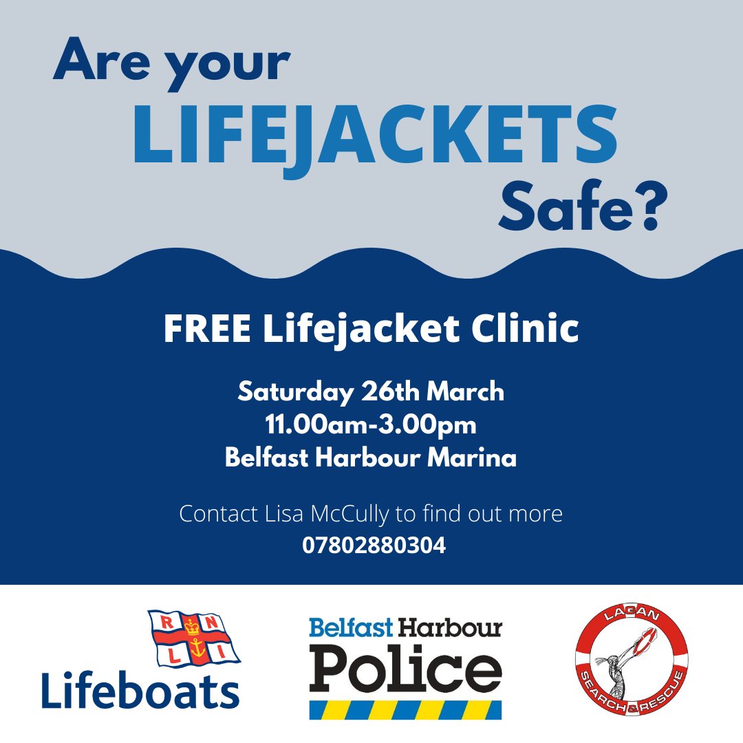We’ll be at Belfast Harbour Marina this Saturday 26th March, working with our partners <a href="/RNLI/">RNLI</a> &amp; <a href="/OfficialLSAR/">Lagan SAR</a>. RLNI will also be offering a free Lifejacket Clinic 🦺 bring yours along!