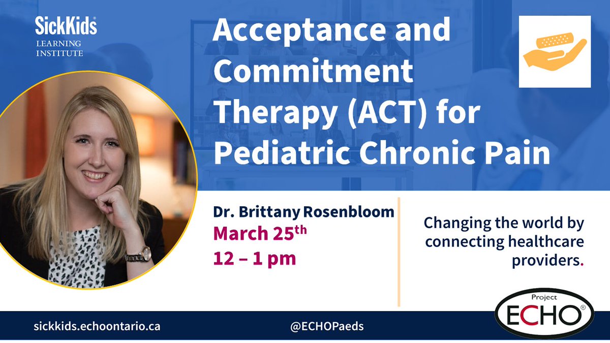 Paediatric Project ECHO (@echopaeds) on Twitter photo #HCPs join our paediatric #Pain Management community Friday, for a talk by Dr. Brittany Rosenbloom (<a href="/BNRosenblm/">Dr. Brittany Rosenbloom</a>) on "Acceptance and Commitment Therapy (ACT) for Pediatric Chronic Pain", followed by a case discussion.
March 25 | 12-1pm ET
Register➡️sickkids.echoontario.ca/pain-zoom-regi… #meded #HCPs join our paediatric #Pain Management community Friday, for a talk by Dr. Brittany Rosenbloom (<a href="/BNRosenblm/">Dr. Brittany Rosenbloom</a>) on "Acceptance and Commitment Therapy (ACT) for Pediatric Chronic Pain", followed by a case discussion.
March 25 | 12-1pm ET
Register➡️sickkids.echoontario.ca/pain-zoom-regi… #meded
