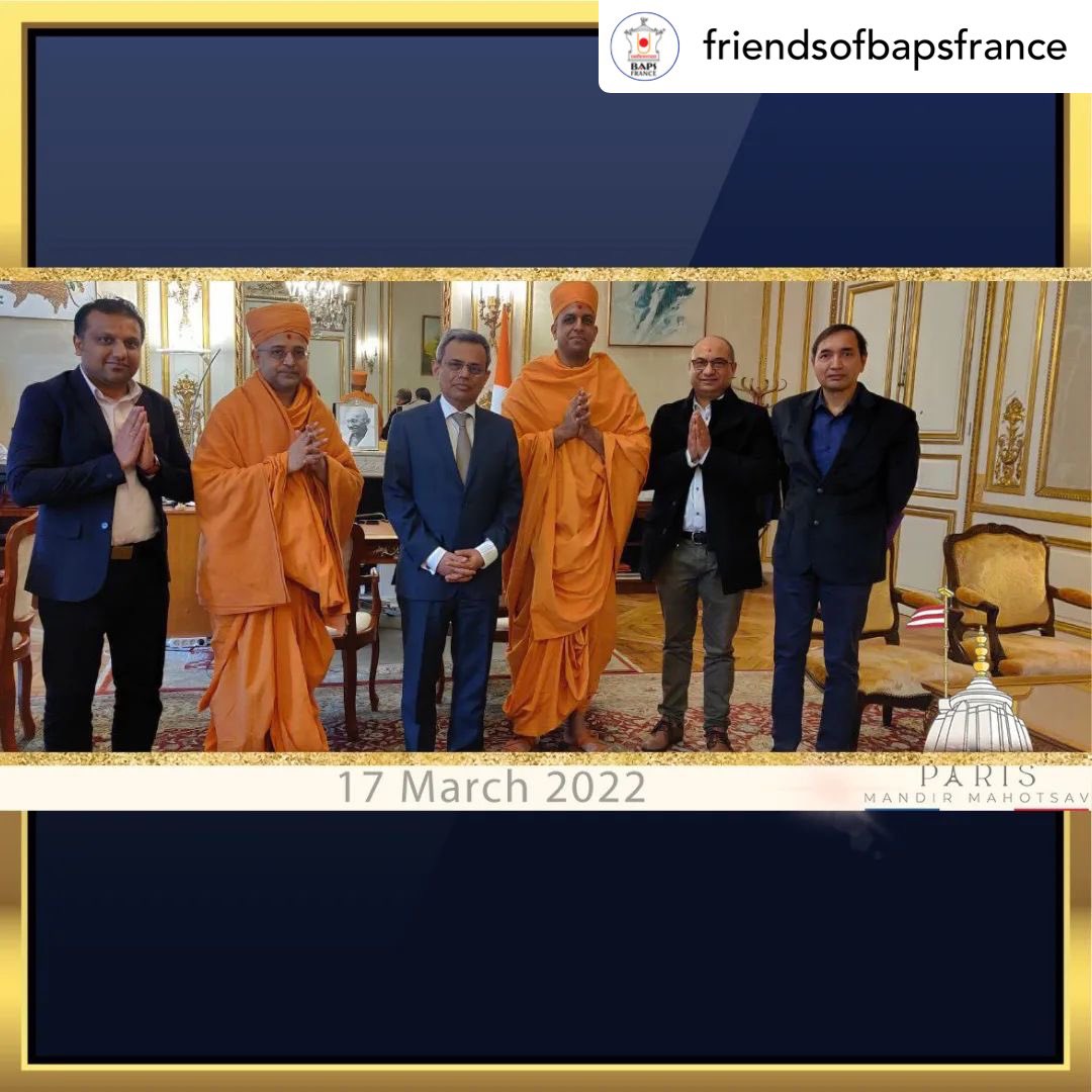 bapsireland's tweet photo. @baps_france, @indiainpoland
 On Thu 17 March, Sadhus from BAPS Shri Swaminarayan Mandir, Neasden, London, UK (also known as Neasden Temple) along with volunteers of BAPS Paris, France visited the Embassy of India, Paris,
@NeasdenTemple https://t.co/Zr5qW8aMcL
