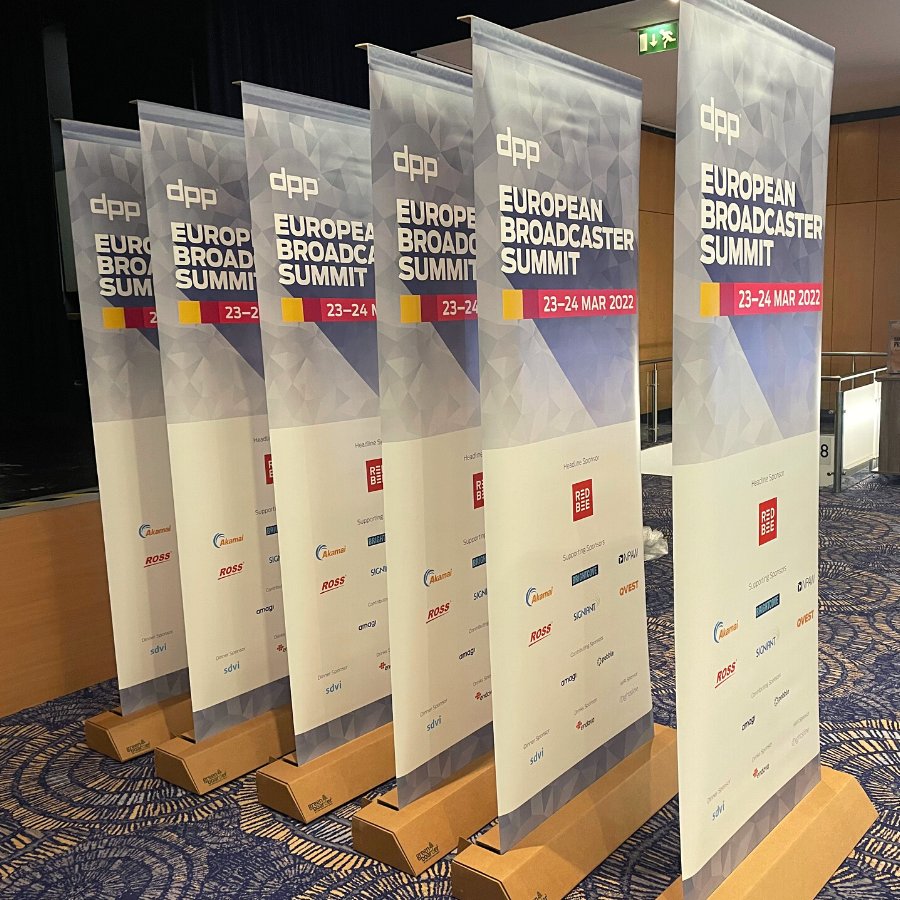 How do you like the look of our sustainable banners?

They're made out of paper and are 100% recyclable!

We've arrived in Berlin to set up for the DPP European Broadcaster Summit starting tomorrow. To those coming - we can't wait to see you soon.