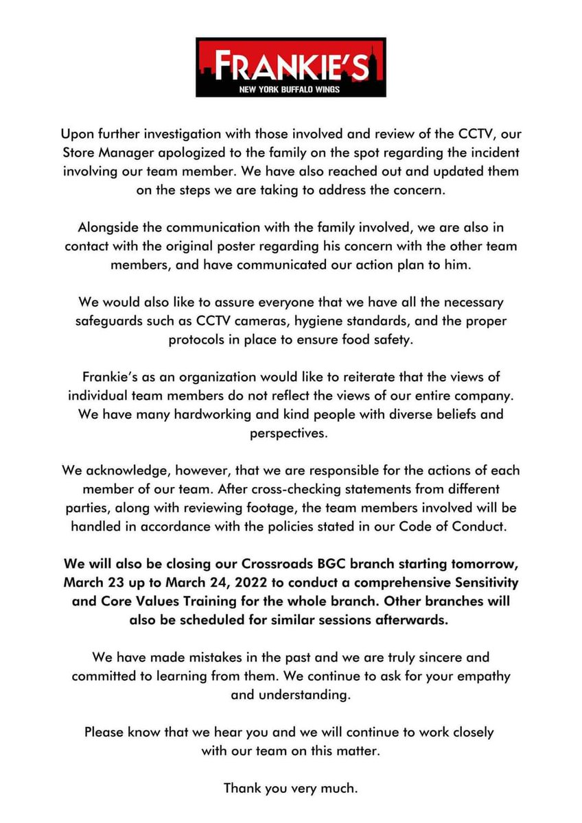 trinifirmi's tweet photo. @OnlineEncasher @luvpattyrobredo @InangBbayan @PinoyAkoBlog Management is taking action. As per investigation and cctv review, the manager and the employee concerned apologized to the guest right then and there contrary to what was initially reported. They have food safety protocols. Closed ang branch for next 2 days to reorient personnel https://t.co/XYYmt3luWP