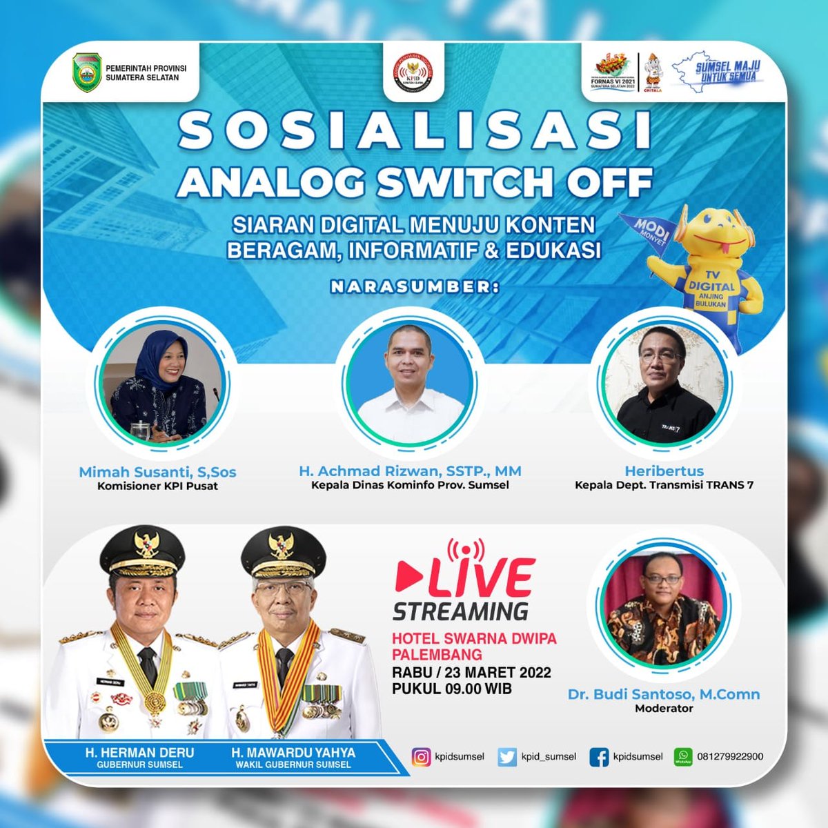 KPID Sumsel menyelenggarakan Sosialisasi Analog Switch Off (ASO) dengan menghadirkan  Narasumber yang berkompeten dibidangnya.Acaranya tersebut akan dilaksanakan di Hotel Swarna Dwipa Palembang (23/03/22).
Sumatera Selatan Siap Sukseskan Migrasi TV Analog ke TV Digital.
