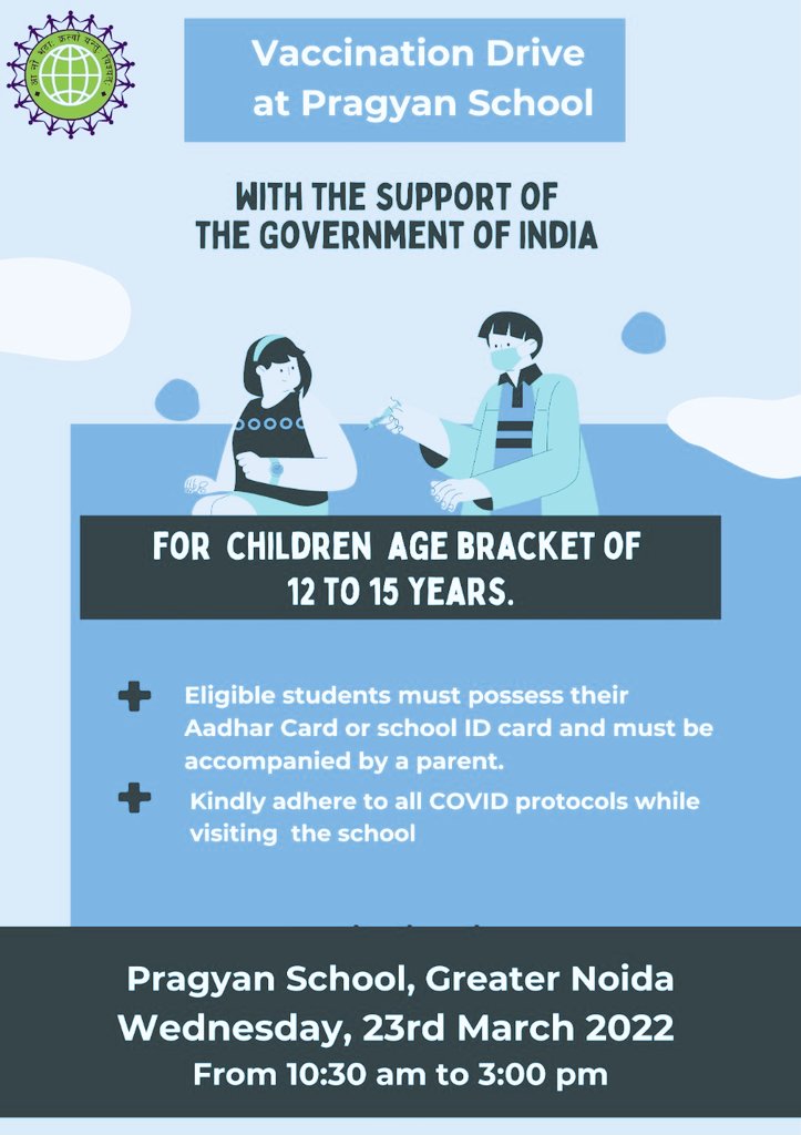 Vaccination Drive at Pragyan School on 23rd March 2022 for children between 12-15 years of age. <a href="/EduMinOfIndia/">Ministry of Education</a> <a href="/AyushmanNHA/">National Health Authority (NHA)</a> <a href="/OfficialGNIDA/">Greater Noida Industrial Development Authority</a> <a href="/RamChan89264916/">Ram Chand</a> <a href="/Ruchikash05/">Ruchika Sharma</a>