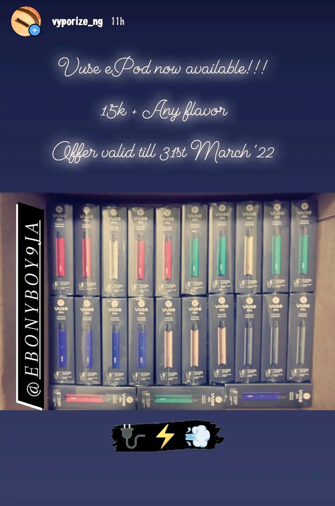 ebonyboy9ja's tweet image. Our 2nd year anniversary is on the #LastDaysOfMarch Any flavor in 6mg, 12mg, 18mg + any device + Charger!! A tobacco free! Best alternative to cigarettes &amp;amp; shisha!! Sleek, compact, sophisticated! #Vyporize 🔌 ⚡ 💨 Rechargeable vapes!!!