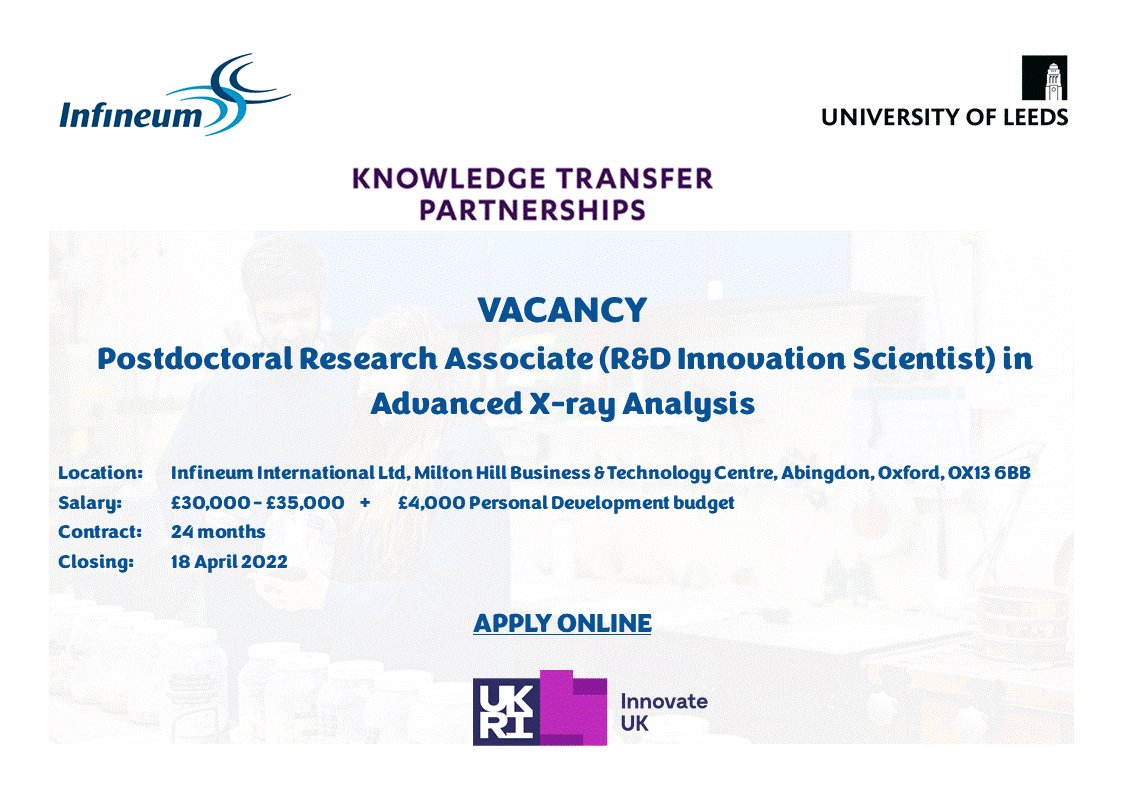 KTP@Leeds (@unileedsktp) on Twitter photo VACANCY
Are you a #postdoc or close to finish #PhD interested in applying advanced X-ray #synchrotron techniques in industry? Apply for this exciting #KTP role between <a href="/LeedsUniEng/">Engineering at Leeds</a> and #Infineum.
#KTP <a href="/innovateuk/">Innovate UK</a> @ktn_ktp <a href="/SLMSchroeder/">Sven L. M. Schroeder</a> VACANCY
Are you a #postdoc or close to finish #PhD interested in applying advanced X-ray #synchrotron techniques in industry? Apply for this exciting #KTP role between <a href="/LeedsUniEng/">Engineering at Leeds</a> and #Infineum.
#KTP <a href="/innovateuk/">Innovate UK</a> @ktn_ktp <a href="/SLMSchroeder/">Sven L. M. Schroeder</a>