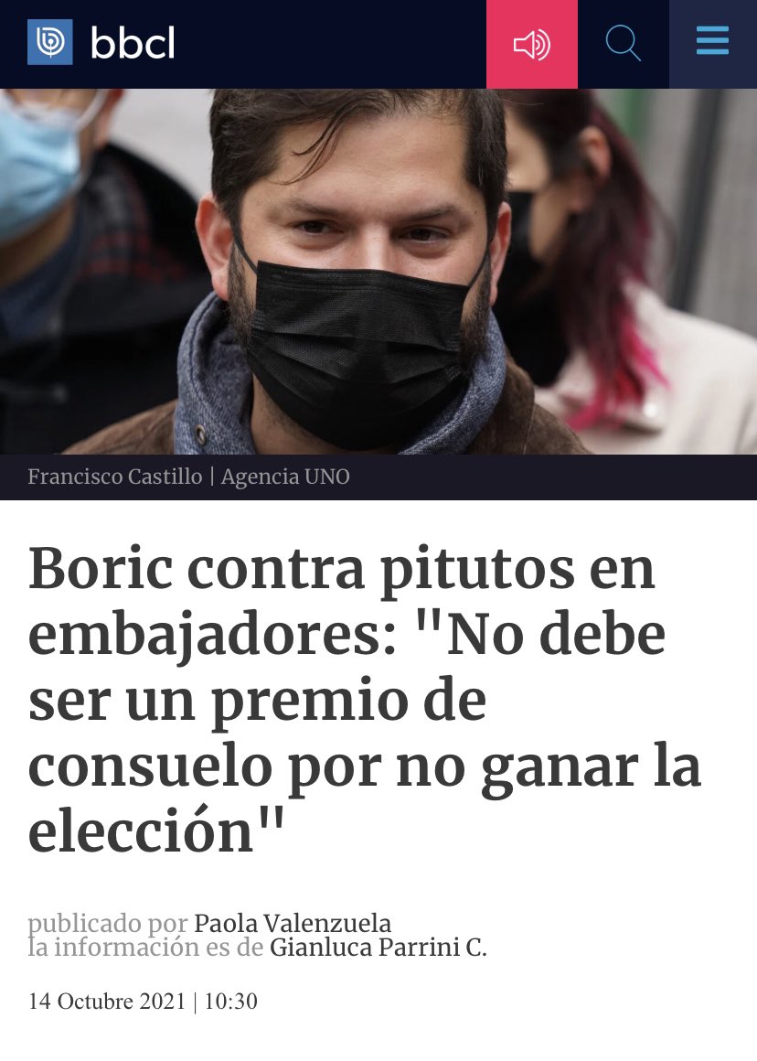 Boric 2021: “No debe ser un premio de consuelo por no ganar elección” (“pitutos” de embajadores).
Boric 2022: Paula Narváez embajadora ante ONU (perdió consulta ciudadana) y Bárbara Figueroa (ex presidente CUT) embajadora en Argentina (perdió elección convención). #GobiernoChanta