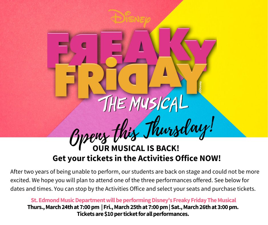SEGaels's tweet photo. Our Musical Is Back! Opens This Thursday!
Get your tickets at the Activities Office for Thursday and Friday night or Saturday afternoon!
#freakyfridaythemusical #seauditorium #musicalisback #stedmondcatholicschool #holytrinityparish #marianhomeandvillage #wovenasone https://t.co/kdoIaRmBBG