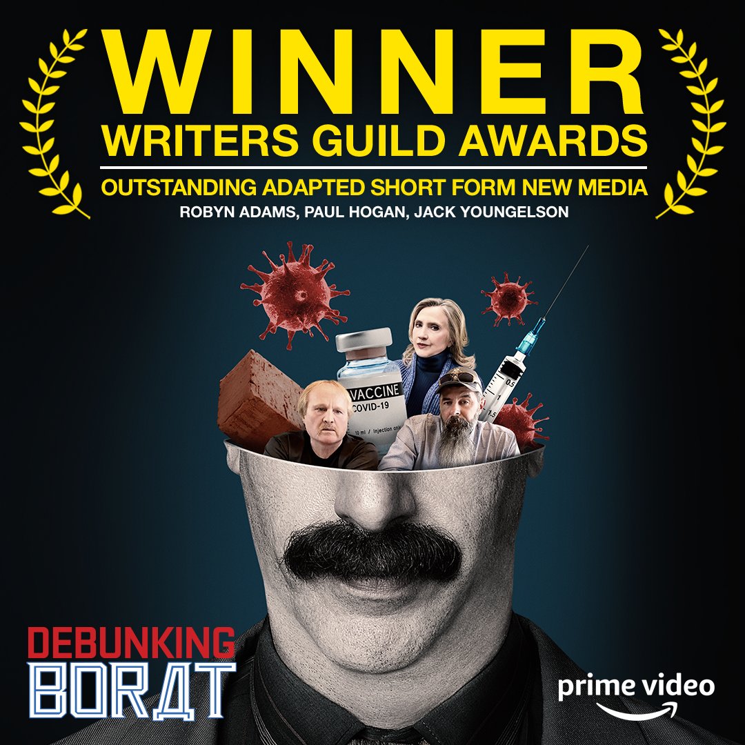 When lies and conspiracies threaten democracy and fuel a pandemic, debunking them is more important than ever. Congrats to @robynadams @GarrisonDean @JackYoungelson on your #WritersGuildAwards win for Debunking Borat! And to @MonLev, @cogandan1, Lisa Rudin and the entire team!