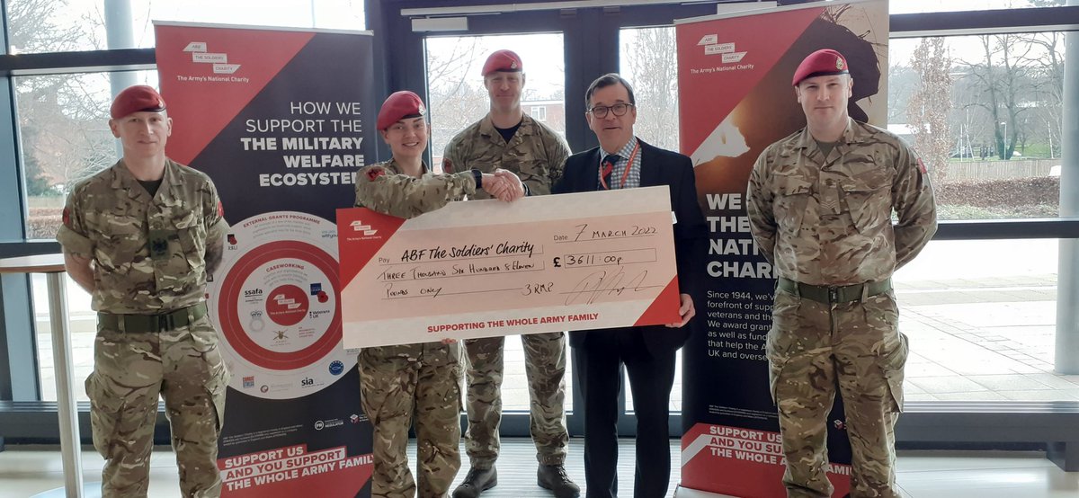 3 RMP - CHARITY CHEQUE PRESENTATION On 7 March 22, Corporal Stanley of 3 Regiment RMP, along with the Regimental Sergeant Major, Commanding Officer and Motor Transport Senior Non-Commissioned Officer, presented Mr P Bates from the Army Benevolent Fund with a cheque for £3116!