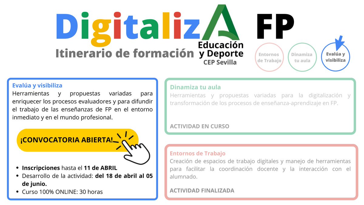 ¡SEGUIMOS! 👏🏼Convocatoria Regional del Itinerario  #DigitalizaFP 🔵#EvalúayVisibiliza con herramientas 
<a href="/GoogleWorkspace/">Google Workspace</a> 
<a href="/GoogleForEdu/">Google for Education</a> para 🧑🏼‍💻👩🏽‍💻Profesorado de Formación Profesional <a href="/FPAndaluza/">Formación Profesional Andaluza</a> 🧑🏽‍🔧👨🏼‍🎨👩🏻‍🍳👩‍🌾
📥¡INSCRIPCIONES hasta el 🗓1 Abril! 
t.ly/qmND