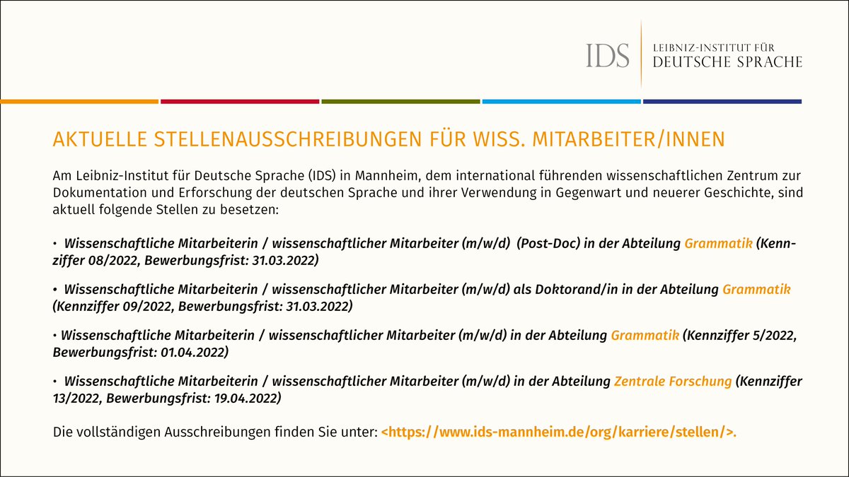 IDS_Mannheim's tweet photo. #Stellenausschreibungen Am IDS sind aktuell in mehreren Abteilungen Stellen zu besetzen. Weitere Informationen unter https://t.co/oBxsml89QV.
Jetzt bewerben und/oder teilen! 😃
#Lexik #Grammatik #Zentrale #Forschung #Verwaltung #IT #Hilfskraftstellen #Jobs #Mannheim https://t.co/vZ8uvzcvJl