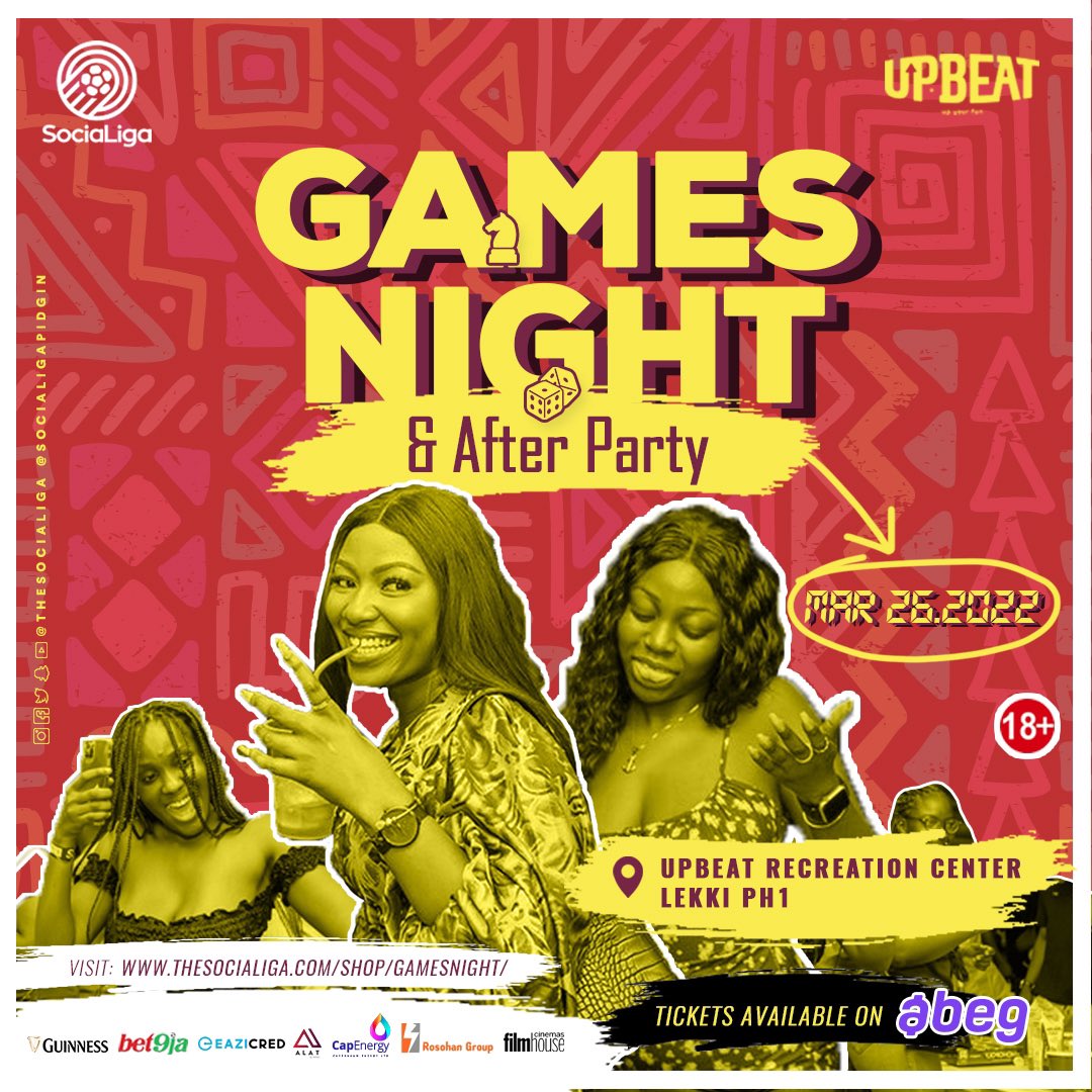 TheSociaLiga's tweet photo. Want to be a part of this Month’s SociaLiga Games Night?? We know you want to… 😉 

Hurry, Get tickets now for N2000 only on https://t.co/Pw4vd7EezX

Trust us, you absolutely do not want to miss this!! 🥳💃🏼

#SociaLiga #SociaLigaGamesNight https://t.co/Xg2Xua2R3h