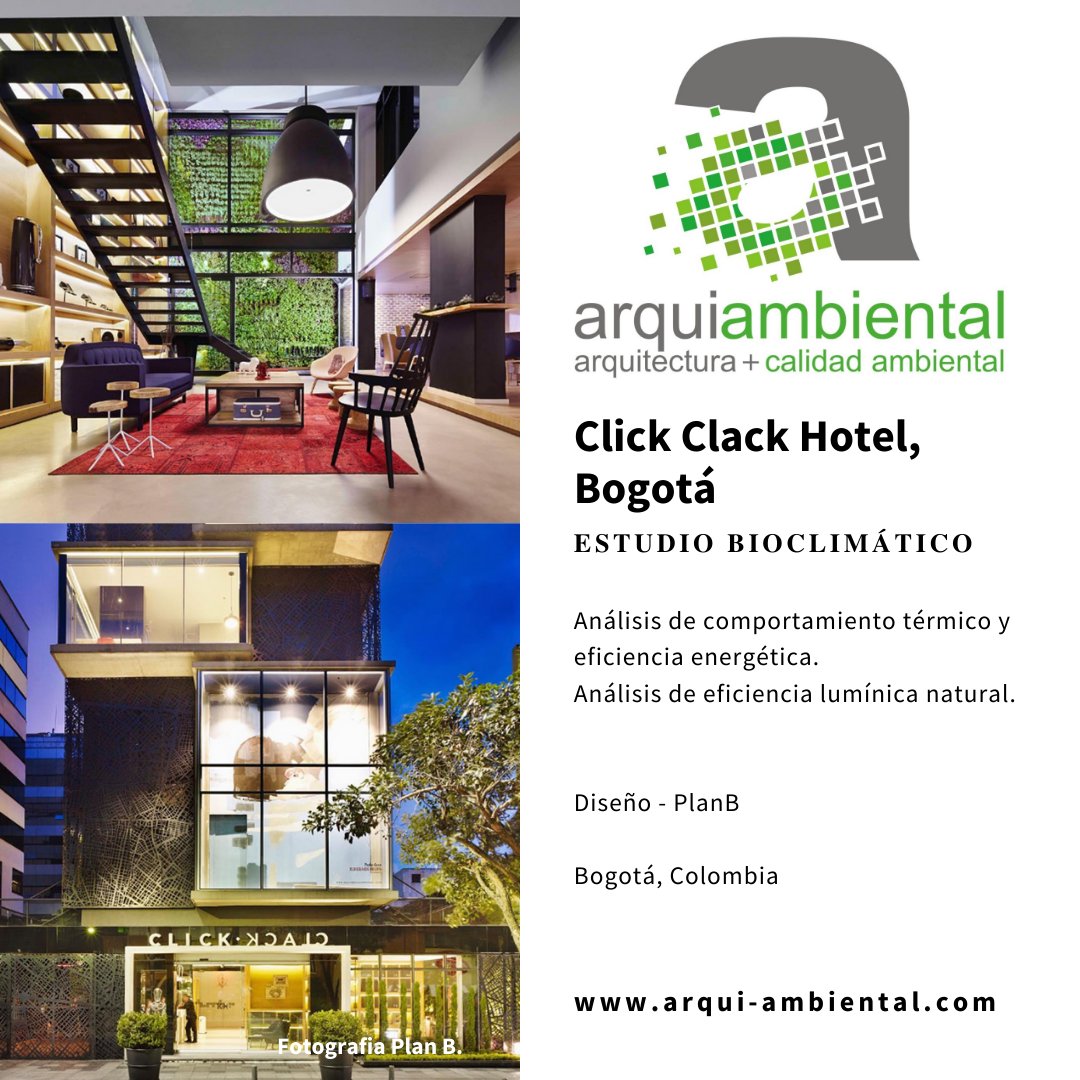Hoy les dejamos estas imágenes de un Hotel muy bien diseñado para la ciudad de #Bogotá, el Hotel Click Clack diseñado por PlanB y con estudio bioclimático de ARQUI-AMBIENTAL LTDA.
arqui-ambiental.com Síguenos en Instagram en @arqui_ambiental
#arquitecturasostenible