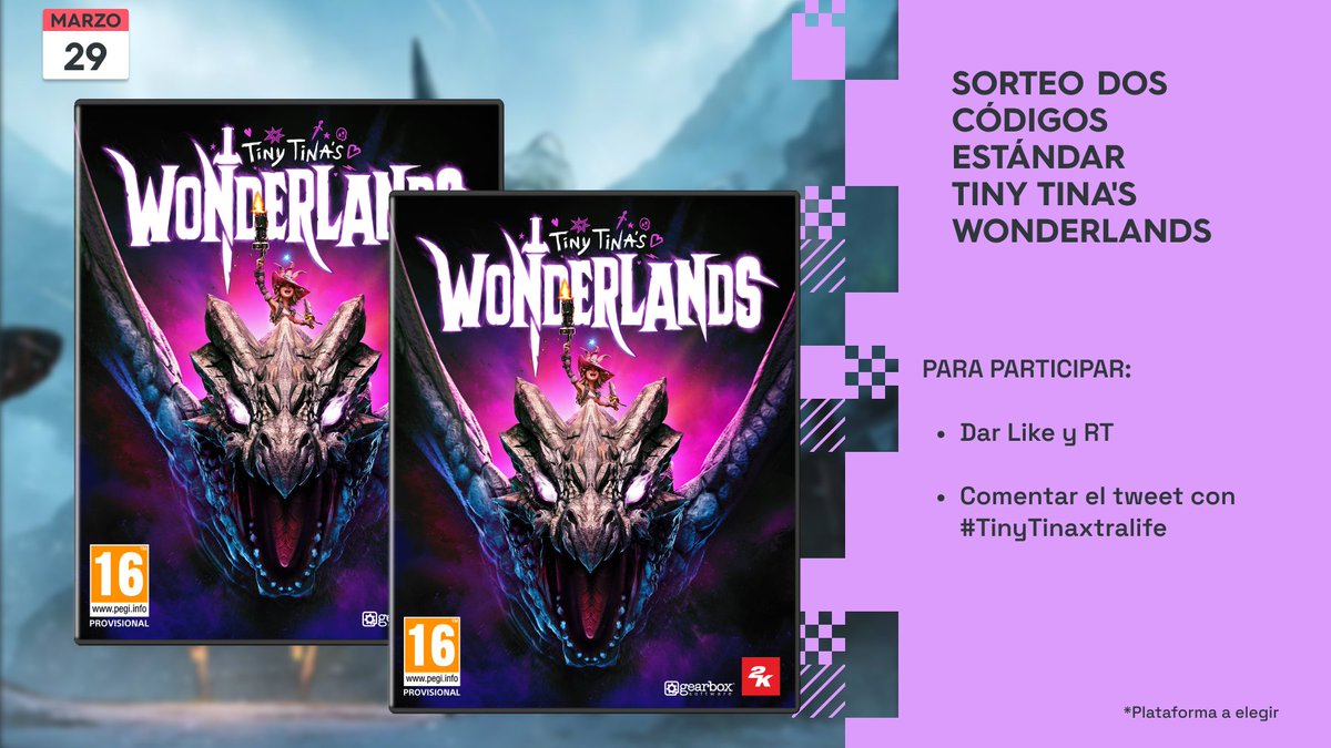 xtralife_es's tweet photo. ¡Para celebrar el lanzamiento de #TinyTinasWonderlands sorteamos con @2KEspana dos códigos estándar del juego!🐲

Para participar:

🔁Dar Like y RT
💬Comentar el tweet con #TinyTinaxtralife

Hasta 25/03/22📅

(Plataforma a escoger por los ganadores) https://t.co/yB9KVEjKvH