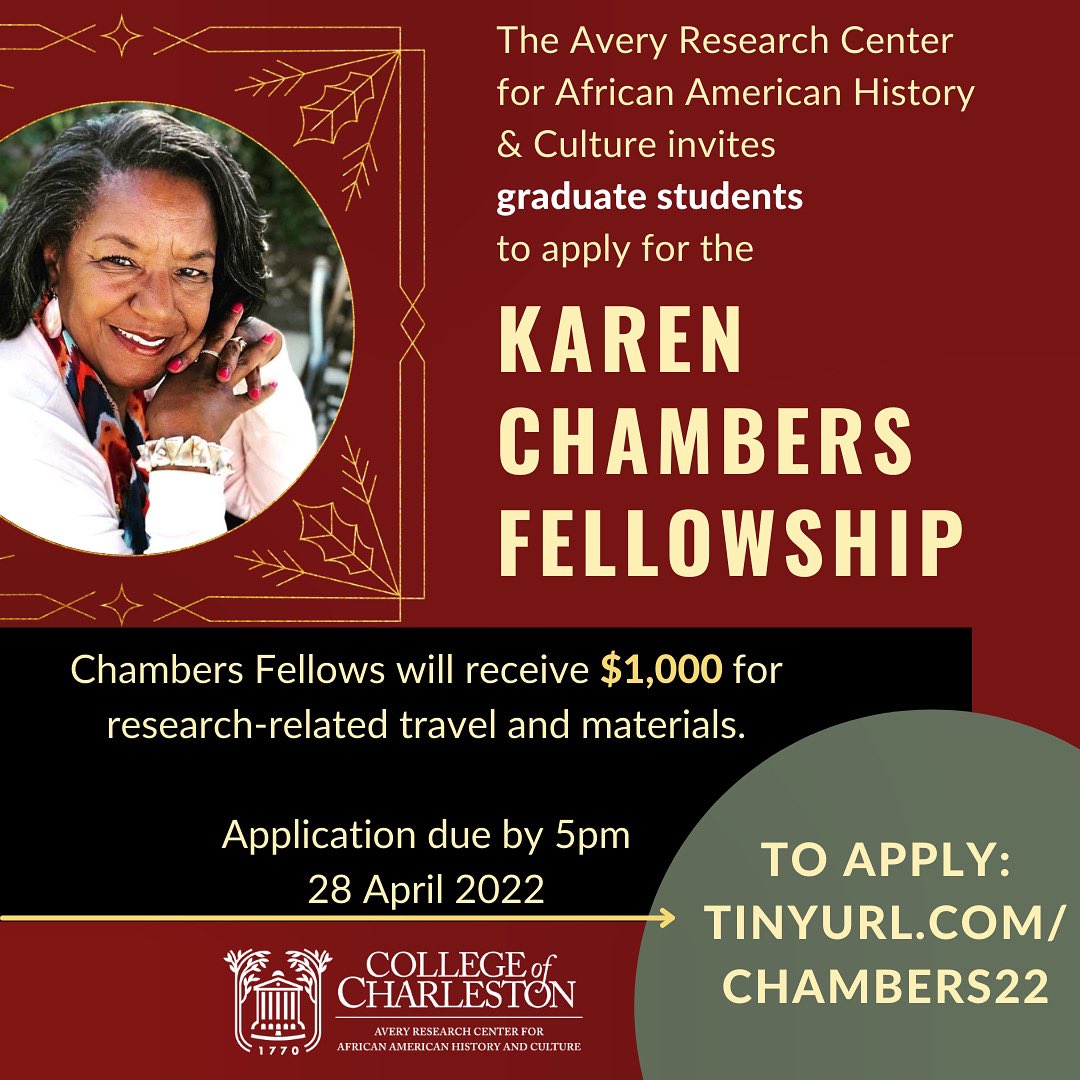 We are doing proud to announce the opening of the Karen Chambers Fellowship. This 1,000$ research/travel  fund is available for @collegeofcharleston Grad students in history related programs of study. cofc.libwizard.com/f/karenchambers