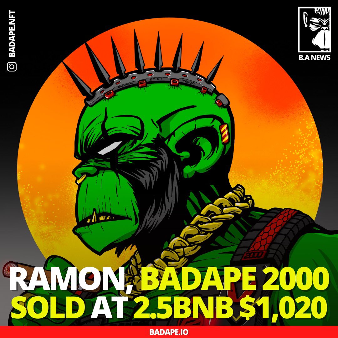 BadApe NFT's second epic character of 10,000 total supply was sold at 2.5 BNB via Bid Auction (Offer). Thanks a lot for your active participation and congratulations to the new owner!
Phase 2 is now officially sold out! See you on 1.4.22 for the next phase 3! 🔥🔥🔥