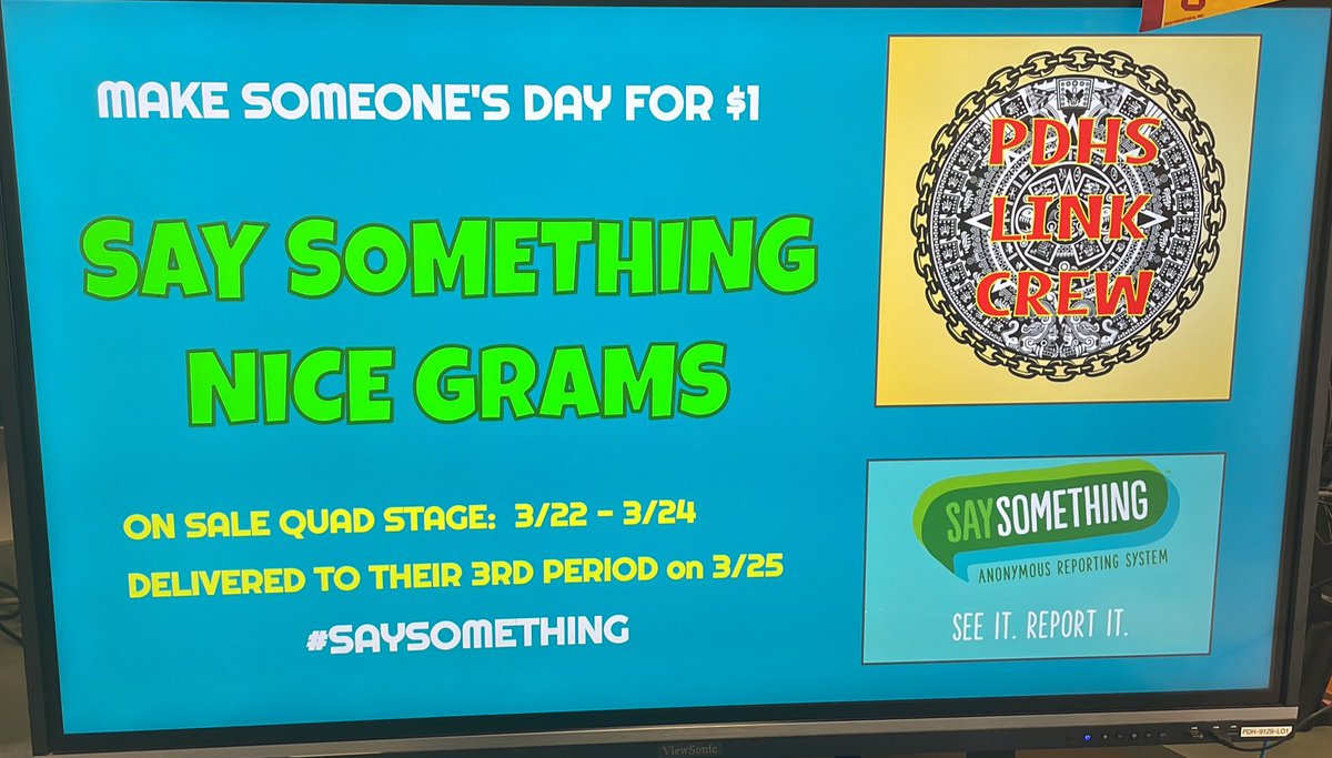 PDLinkCrew's tweet photo. Go Ahead Make Their Day - In The Quad the next 3 Days spreading kindness - 🛑 🏫 Violence #SaySomething @PdhsPto @PDAztecArmy #PDALLIN https://t.co/B7qggWQfmg