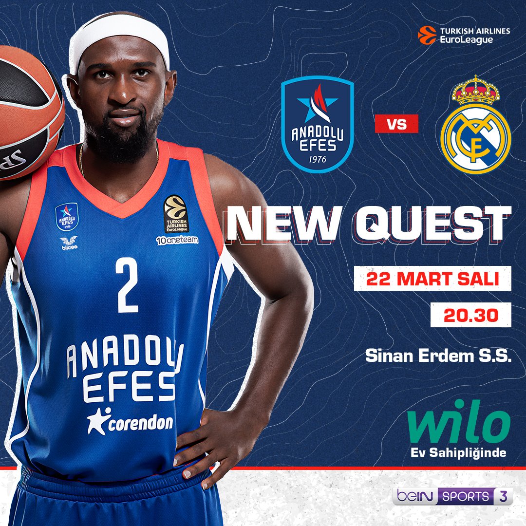 AnadoluEfesSK's tweet photo. 🏀 @EuroLeague Round 31
🆚 @RMBaloncesto
🏟️ Sinan Erdem Spor Salonu
🕔 20.30
📺 @beINSPORTS_TR 3  
🎮 #NewQuest
👊 #SuyunDeğeriniBil
🤝 @WiloTurkiye https://t.co/XOVue0Px0J