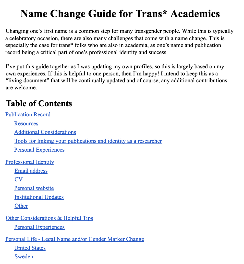 I've been working on compiling resources and experiences for trans* academics who change their name and have put together a guide! It's a living document & your contributions are welcome! (1/3) transsci.wordpress.com/91-2/
#TransinSTEM #academictwitter #ECRchat #phdchat  #STEM